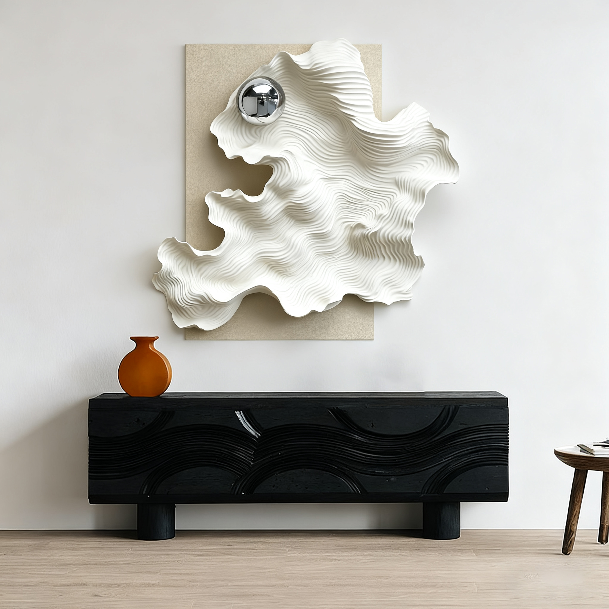 Abstract 3D Wood Wall Art, White Organic Wave Sculpture with Silver Sphere, Modern Minimalist Textured Wall Decor for Living Room
