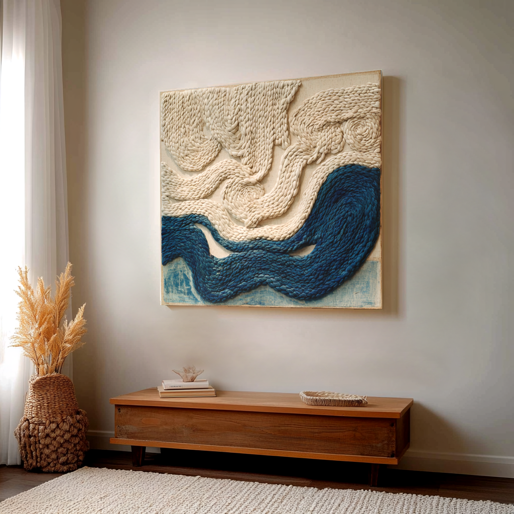 Blue & Cream Woven Fiber Art Wall Hanging: Modern Boho Decor