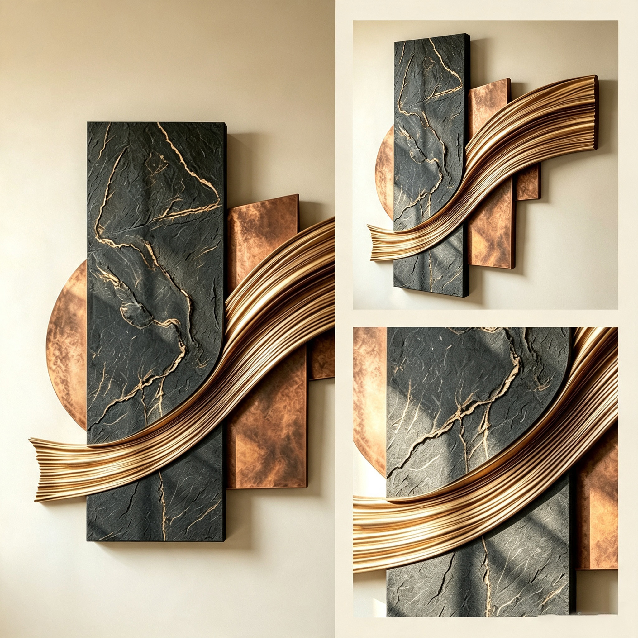 3D Wood Wall Art, Abstract Geometric Wall Sculpture, Gold Wave Wood Decor, Organic Modern Luxury Statement Wall Art