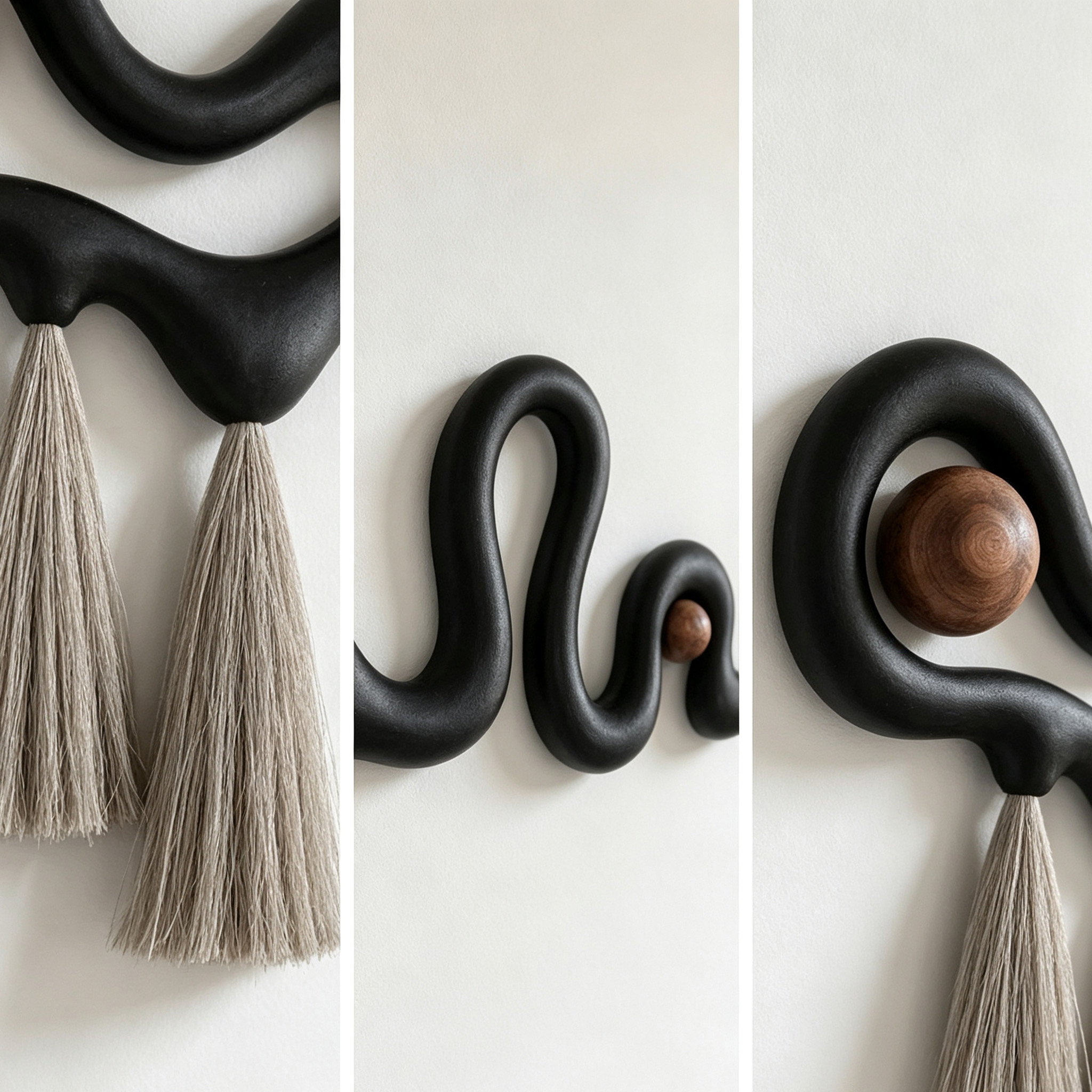 Abstract Wood Wall Art, Black Organic Modern Sculptural Decor with Tassels