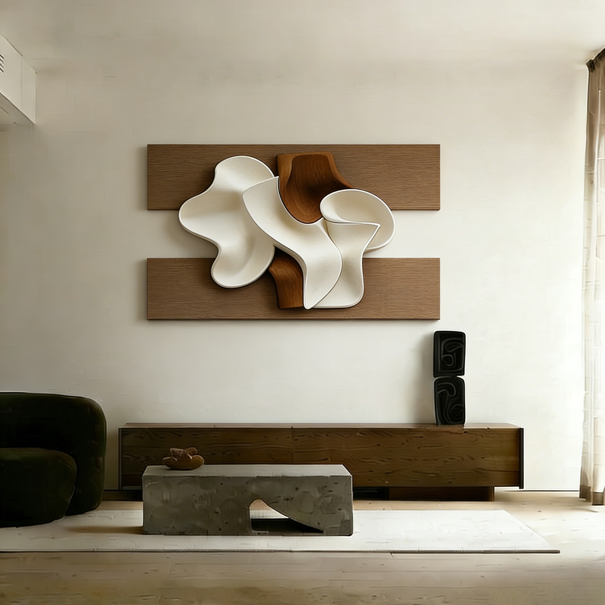 Large Abstract Wood Wall Art, 3D Wood Sculpture, Organic Wave Wall Decor, Modern Japandi Wooden Artwork
