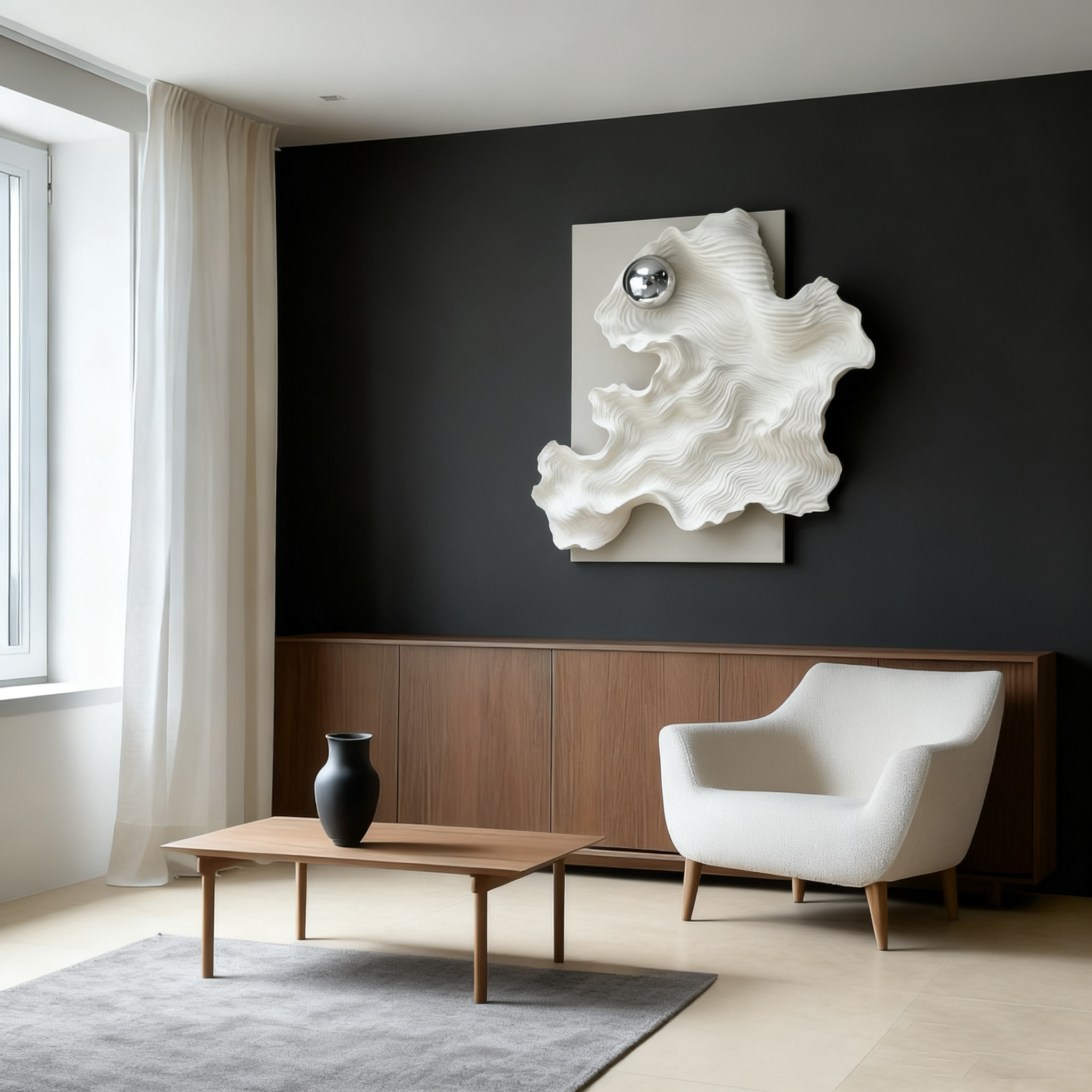 Abstract 3D Wood Wall Art, White Organic Wave Sculpture with Silver Sphere, Modern Minimalist Textured Wall Decor for Living Room
