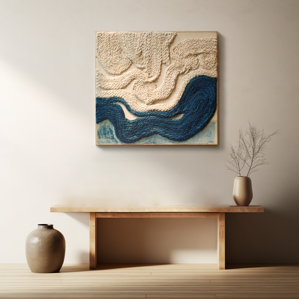 Blue & Cream Woven Fiber Art Wall Hanging: Modern Boho Decor