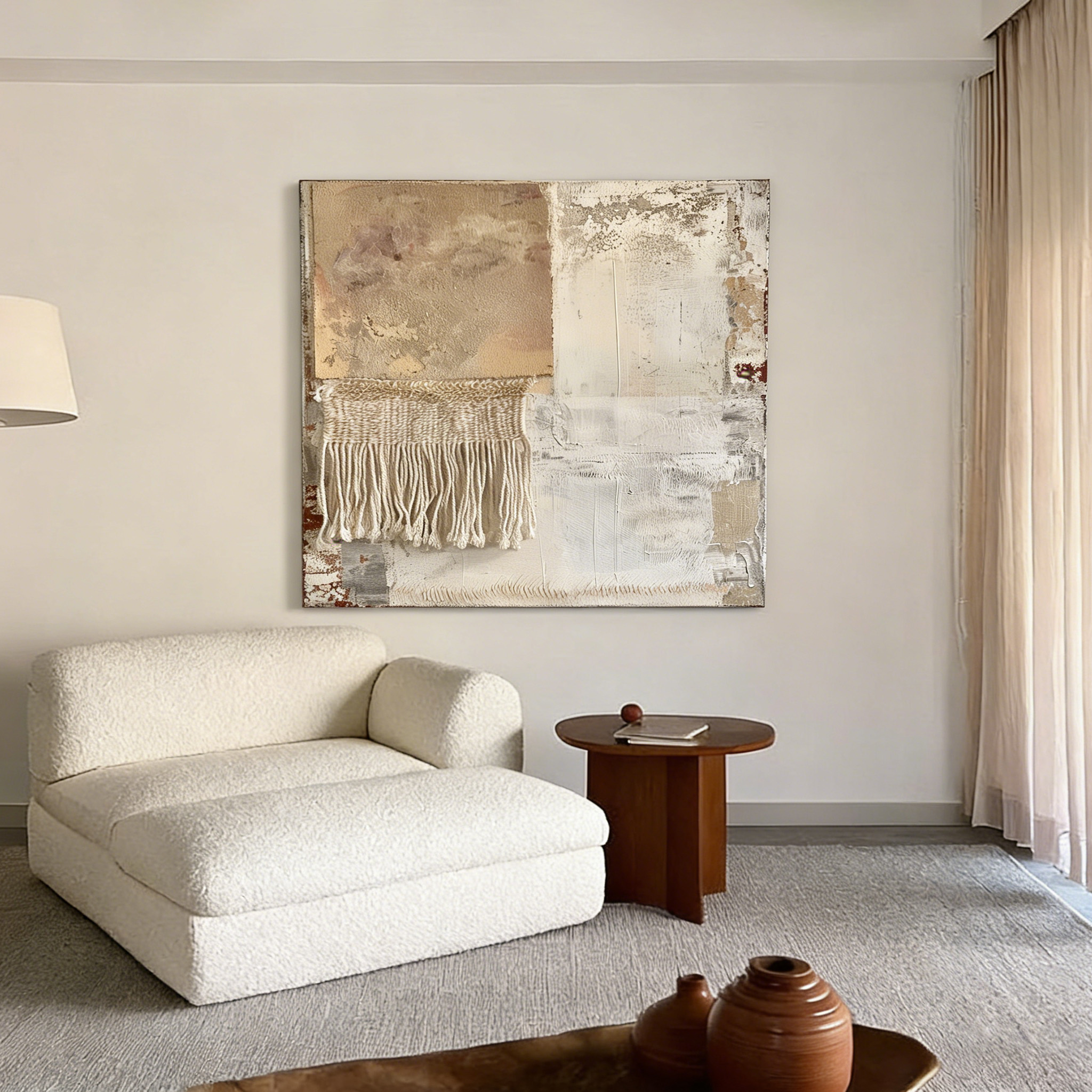 Neutral Textured Wall Art with Fiber Fringe, Handmade Mixed Media Canvas, Boho Minimalist Wall Decor Beige Abstract Art