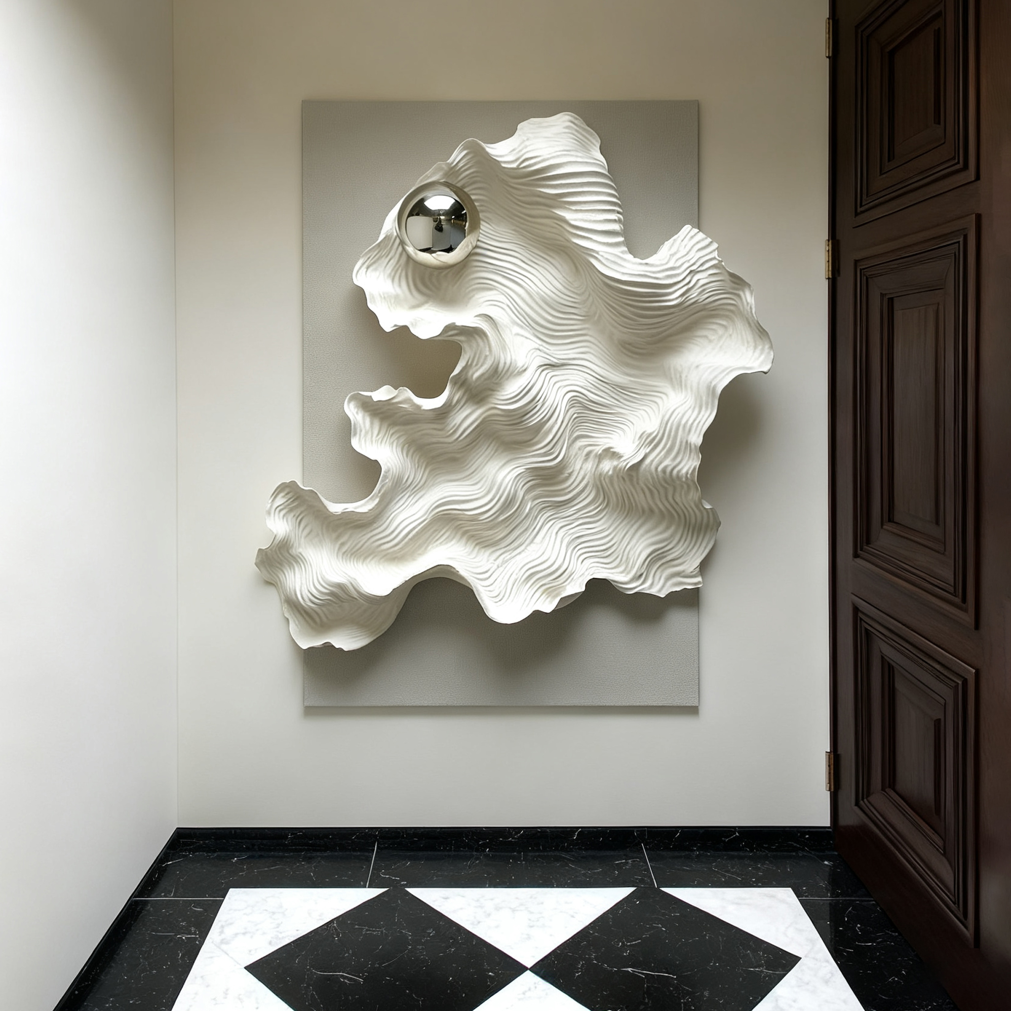 Abstract 3D Wood Wall Art, White Organic Wave Sculpture with Silver Sphere, Modern Minimalist Textured Wall Decor for Living Room