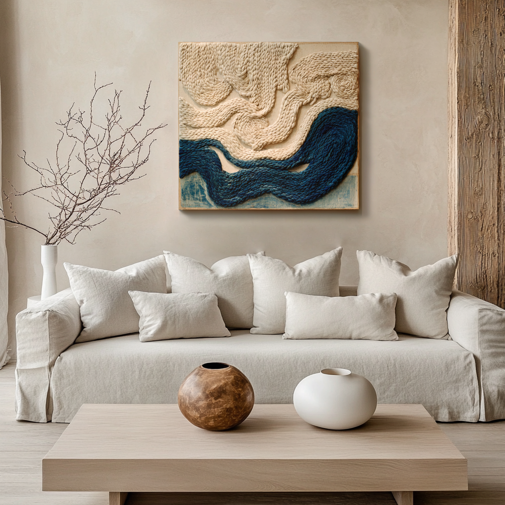 Blue & Cream Woven Fiber Art Wall Hanging: Modern Boho Decor