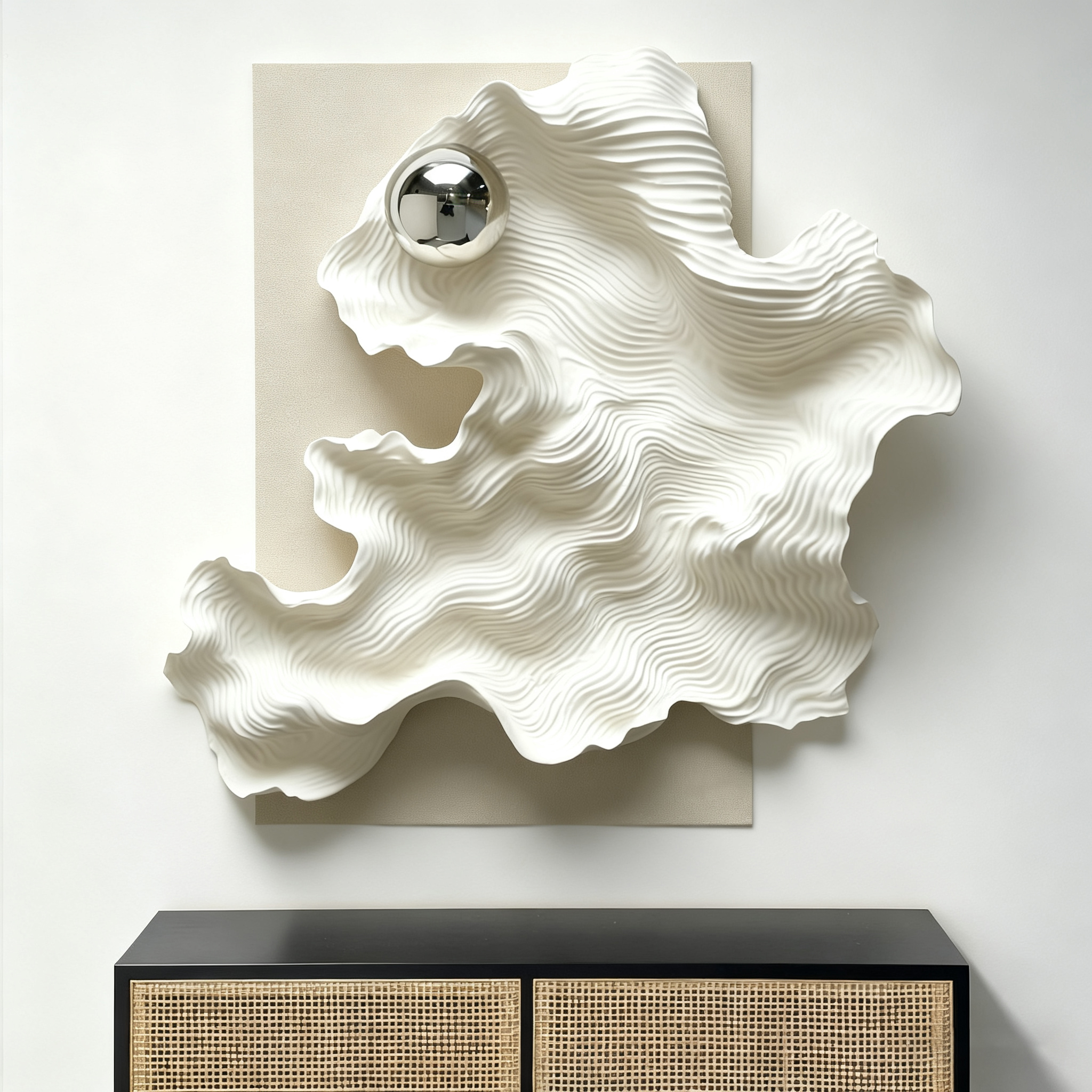 Abstract 3D Wood Wall Art, White Organic Wave Sculpture with Silver Sphere, Modern Minimalist Textured Wall Decor for Living Room