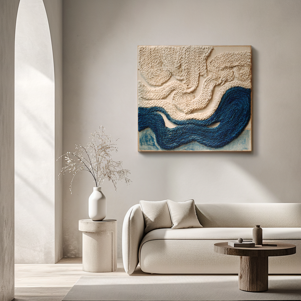 Blue & Cream Woven Fiber Art Wall Hanging: Modern Boho Decor