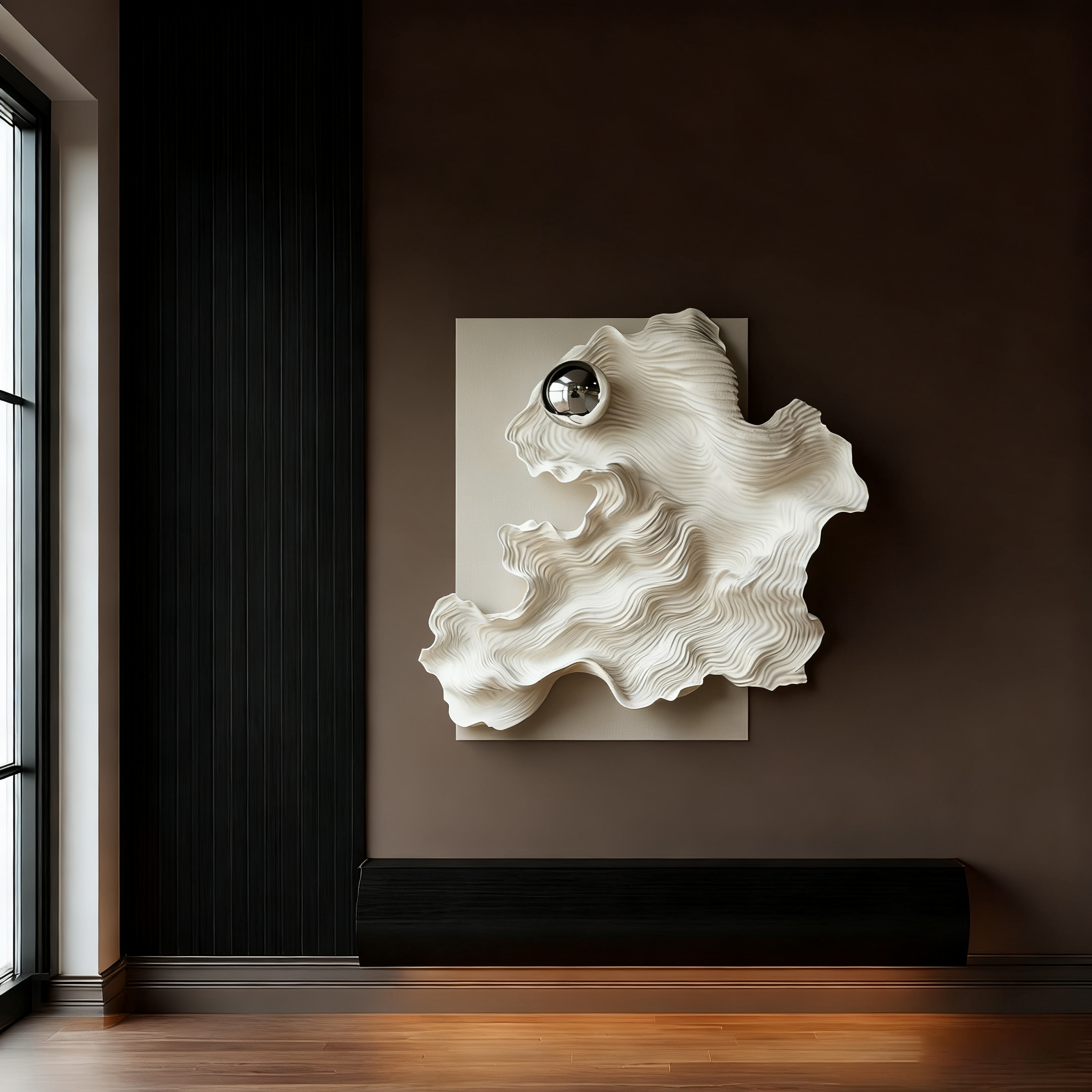 Abstract 3D Wood Wall Art, White Organic Wave Sculpture with Silver Sphere, Modern Minimalist Textured Wall Decor for Living Room