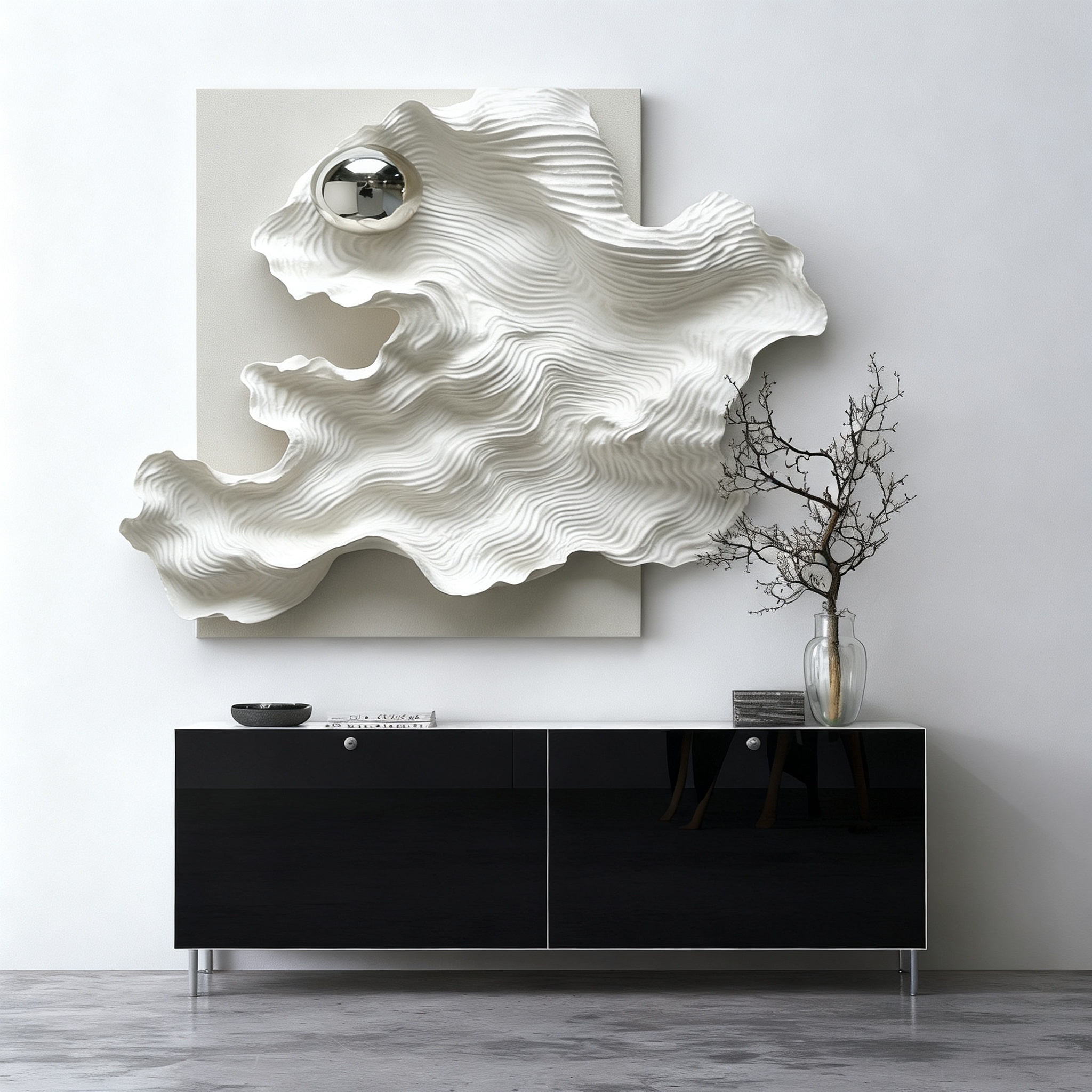 Abstract 3D Wood Wall Art, White Organic Wave Sculpture with Silver Sphere, Modern Minimalist Textured Wall Decor for Living Room