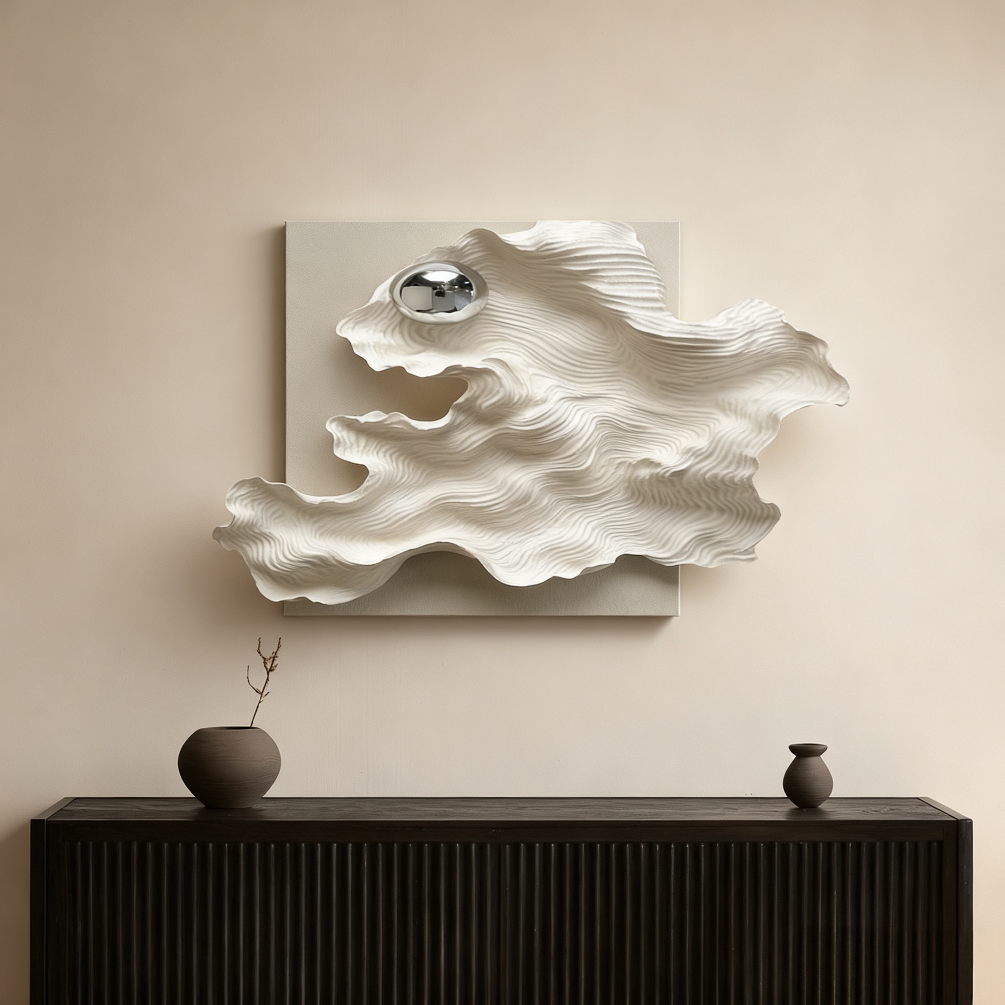 Abstract 3D Wood Wall Art, White Organic Wave Sculpture with Silver Sphere, Modern Minimalist Textured Wall Decor for Living Room