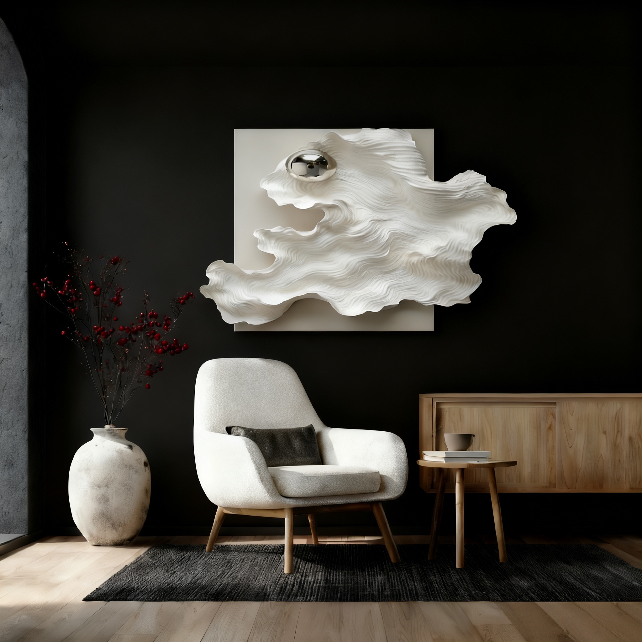 Abstract 3D Wood Wall Art, White Organic Wave Sculpture with Silver Sphere, Modern Minimalist Textured Wall Decor for Living Room