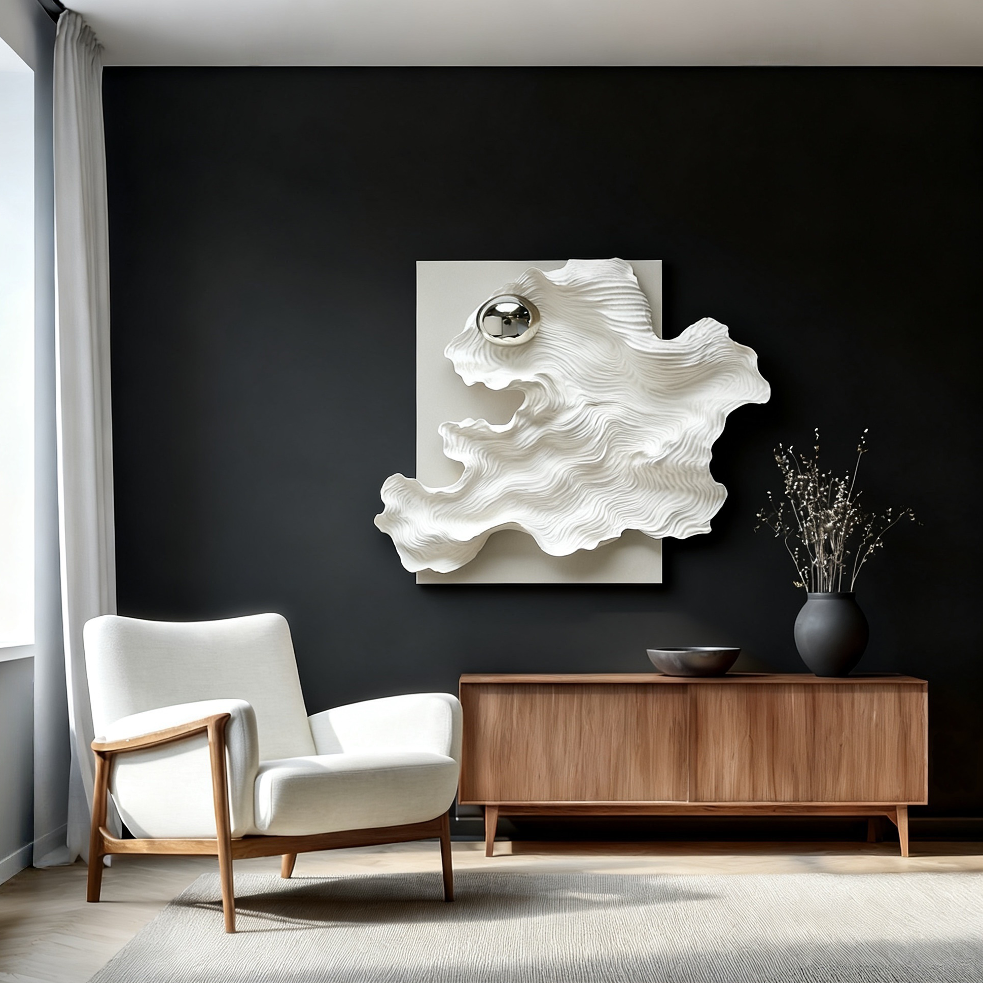 Abstract 3D Wood Wall Art, White Organic Wave Sculpture with Silver Sphere, Modern Minimalist Textured Wall Decor for Living Room
