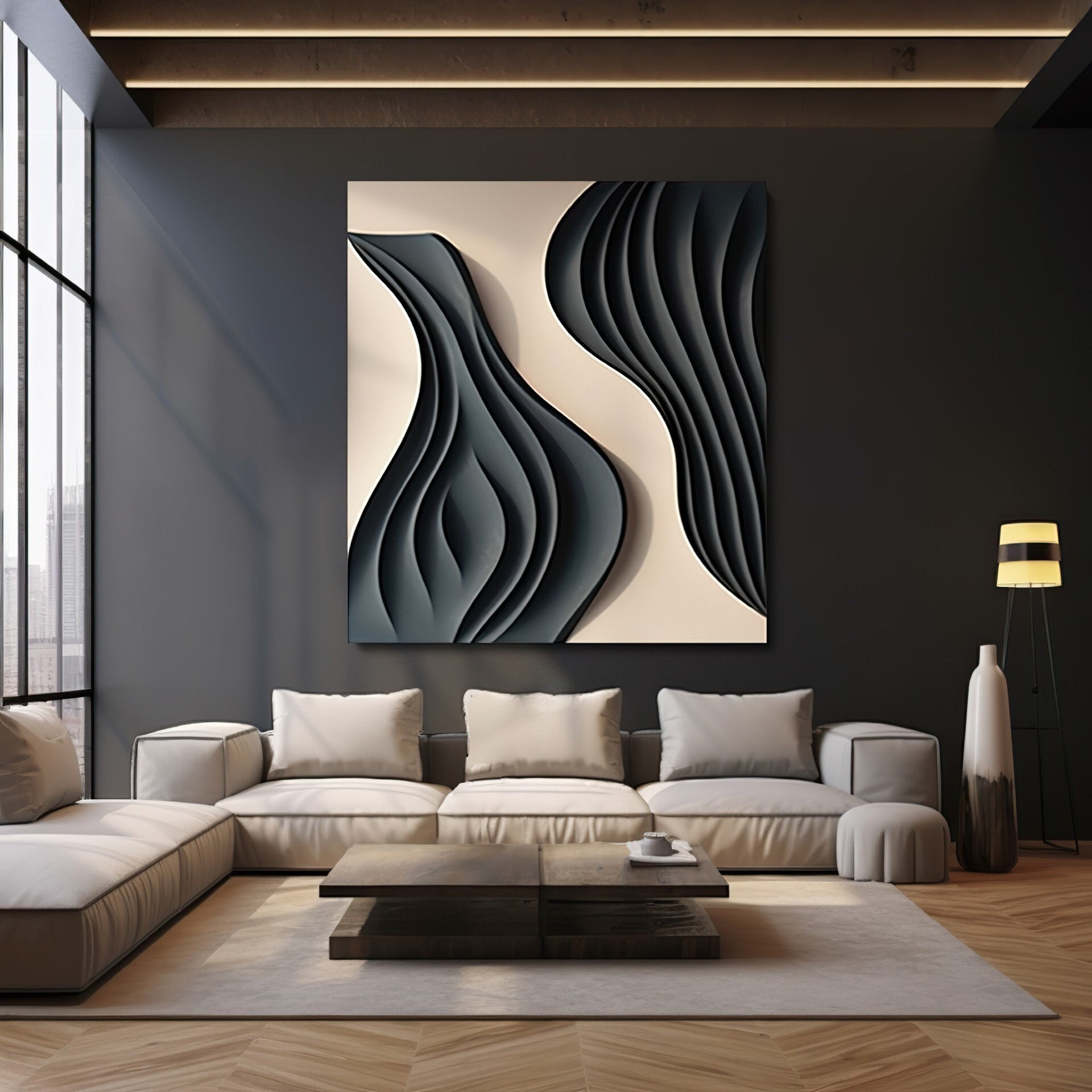 Wave shaped,black and white textured art decor wall- wooden craft art- 3D vision