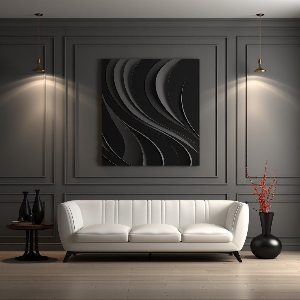 Multiple black abstract wave shaped patterns - wooden art - 3D vision