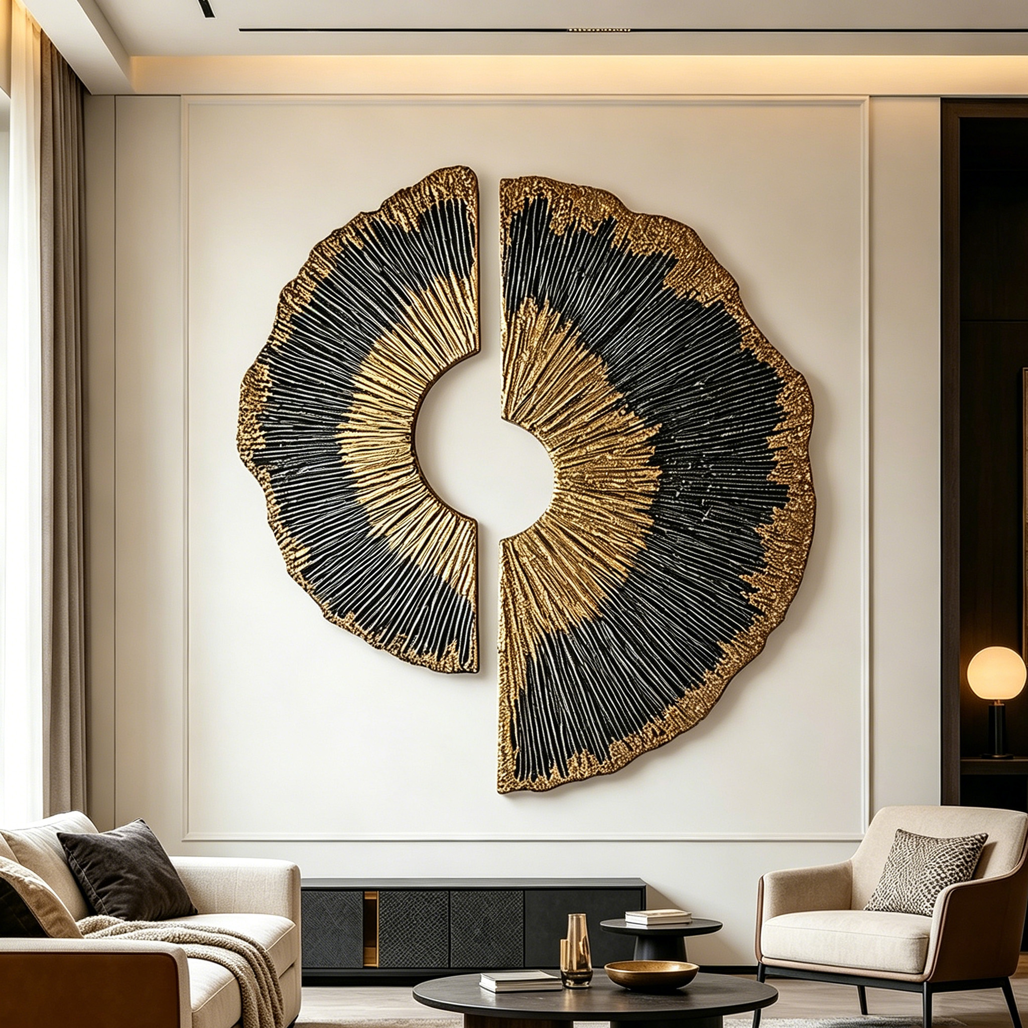 Large Wood Wall Art, 3D Gold Black Wood Sculpture, Abstract Round Wall Decor, Wabi Sabi Textured Artwork, Luxury Modern Wall Art