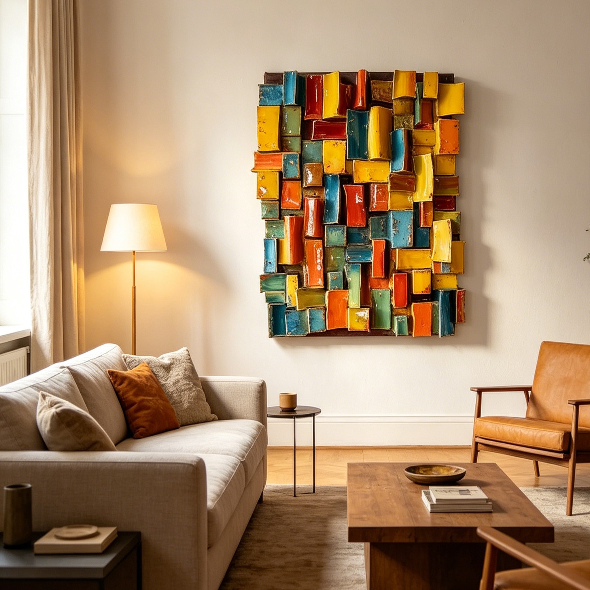 Modern Ceramic Wall Art, Textured Abstract Wall Sculpture, Handmade Colorful Tile Wall Decor, 3D Geometric Wall Hanging, Unique Home Accent