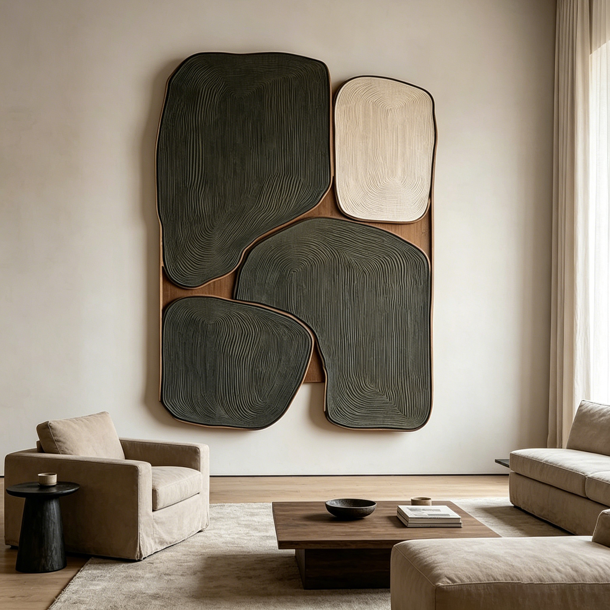 Modern Wood Wall Art, Abstract Wooden Sculpture, Minimalist Black Wall Decor, Organic Contemporary Panel