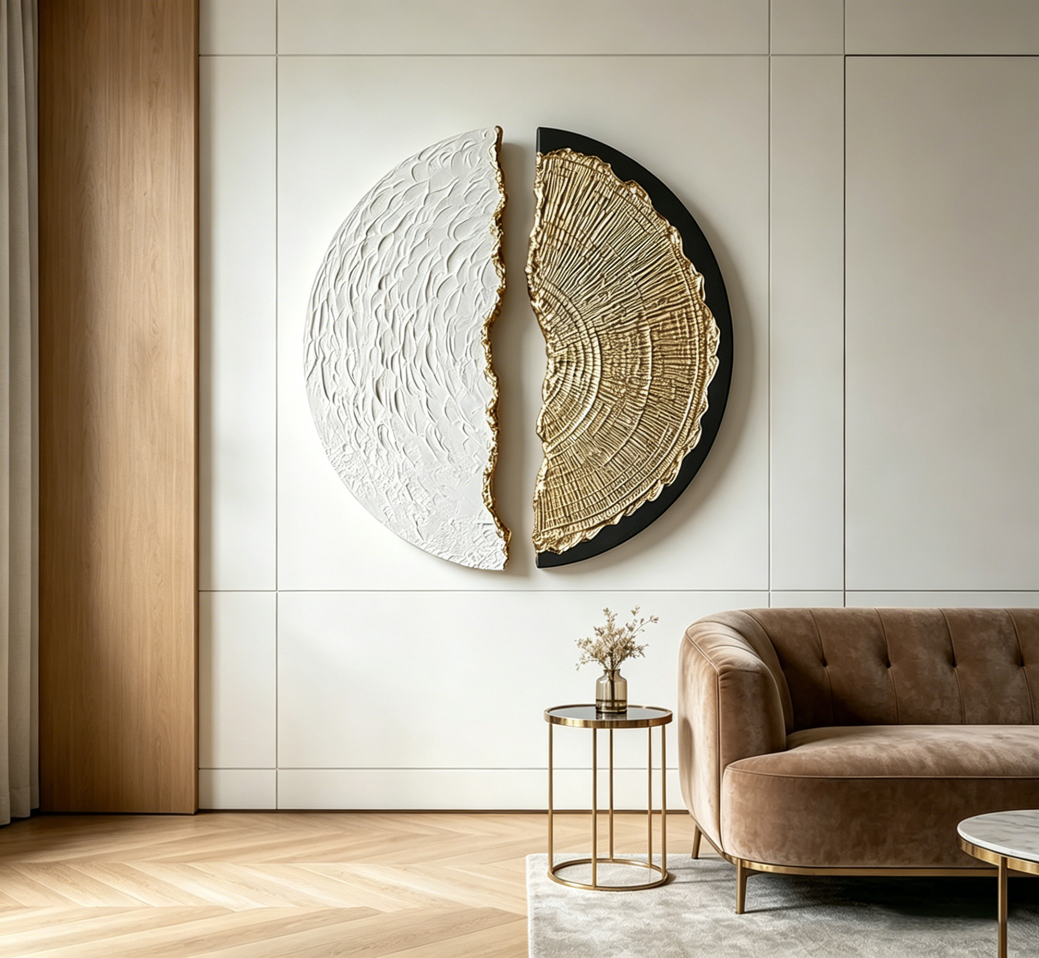 Abstract Wood Wall Art, 3D Half Moon Wood Sculpture, Wabi Sabi Wall Decor, Gold Black Textured Artwork, Modern Luxury Wall Art