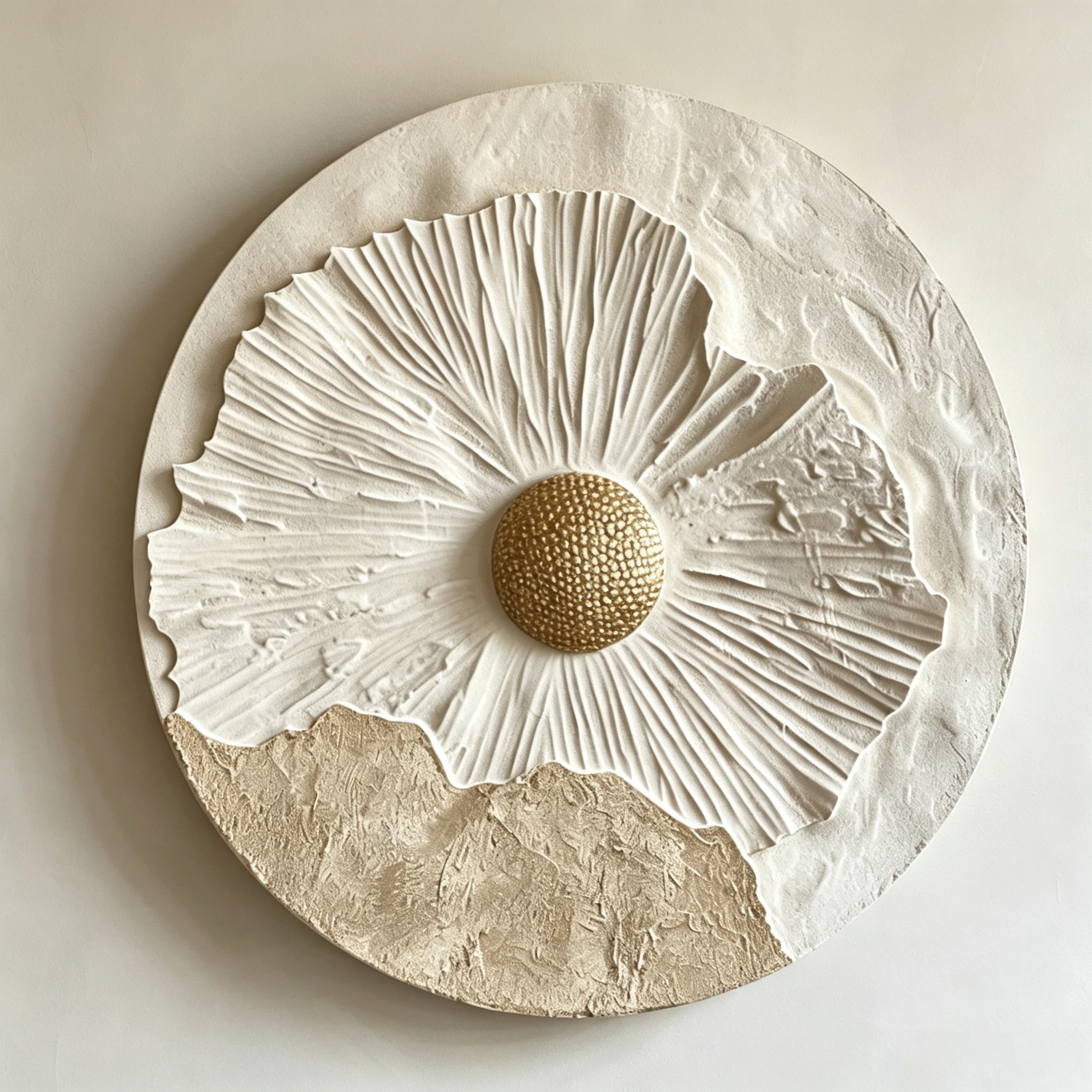 3D Floral Wood Wall Art, Round Botanical Relief Sculpture, Wabi Sabi Wall Decor, Neutral Textured Art, Gold Flower Wall Decor
