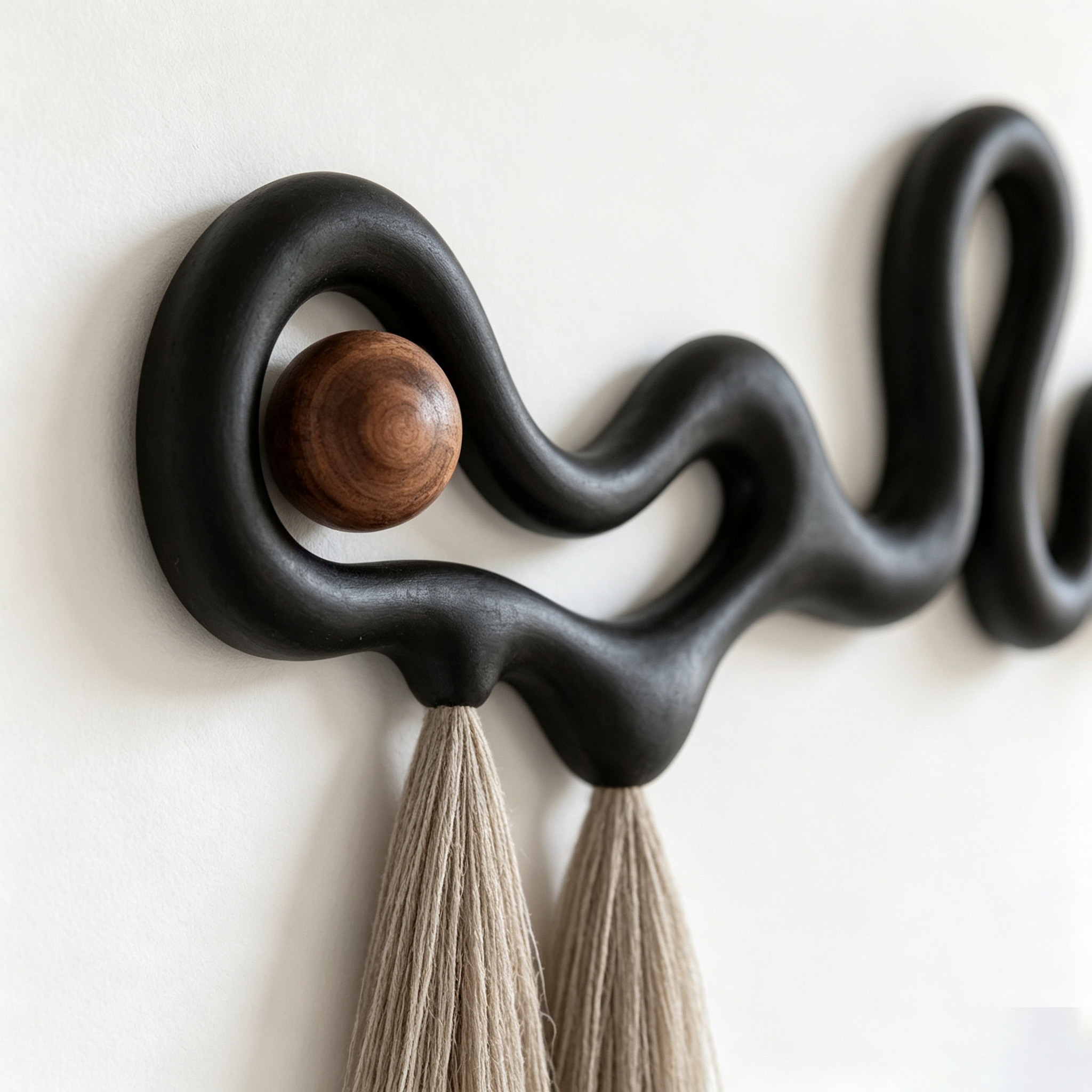 Abstract Wood Wall Art, Black Organic Modern Sculptural Decor with Tassels