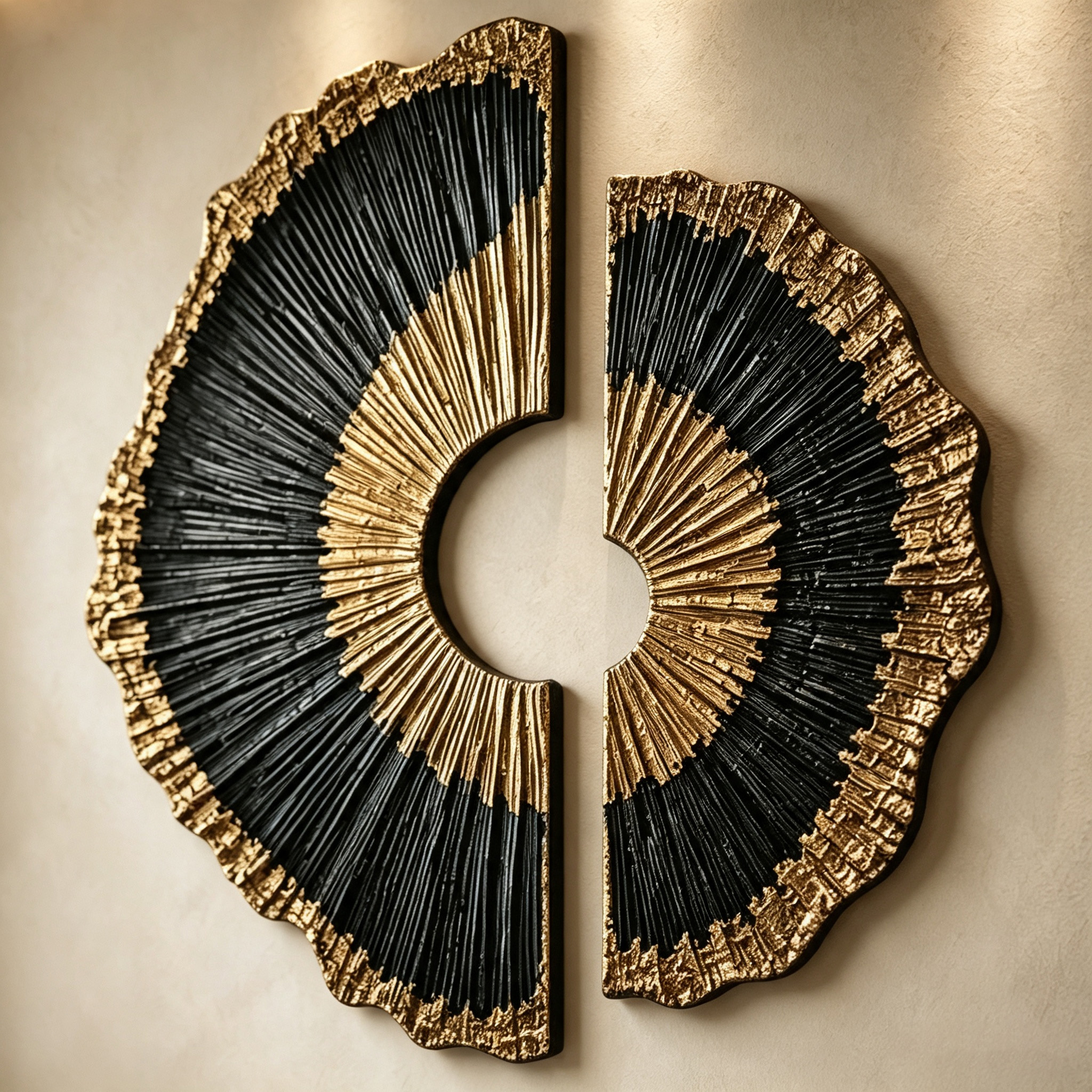 Black Gold Wood Wall Art, 3D Sunburst Wall Sculpture, Organic Modern Abstract Wood Decor, Textured Luxury Statement Wall Art