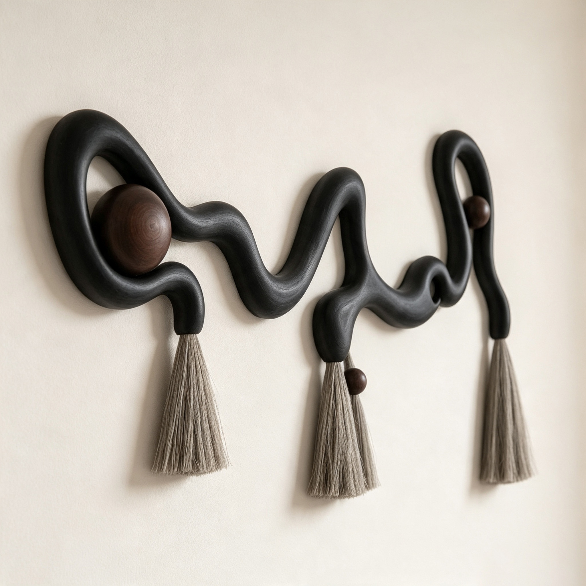 Sculptural Organic Wall Hanging | Dark Wood Wavy Art with Macrame Tassels & Beads | Abstract Boho Wall Decor | Modern Entryway Accent