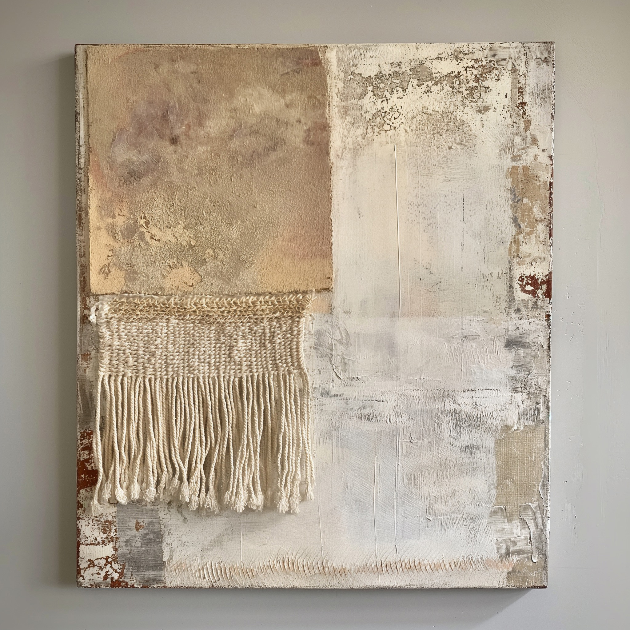 Neutral Textured Wall Art with Fiber Fringe, Handmade Mixed Media Canvas, Boho Minimalist Wall Decor Beige Abstract Art