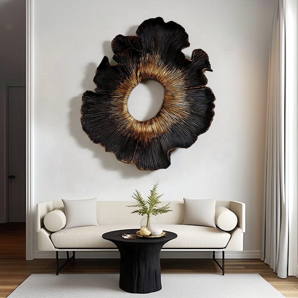 Black Gold Wood Wall Art, 3D Organic Wall Sculpture, Abstract Floral Wood Decor, Textured Sunburst Art, Luxury Statement Wall Decor