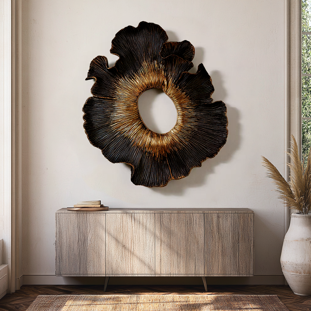 Black Gold Wood Wall Art, 3D Organic Wall Sculpture, Abstract Floral Wood Decor, Textured Sunburst Art, Luxury Statement Wall Decor