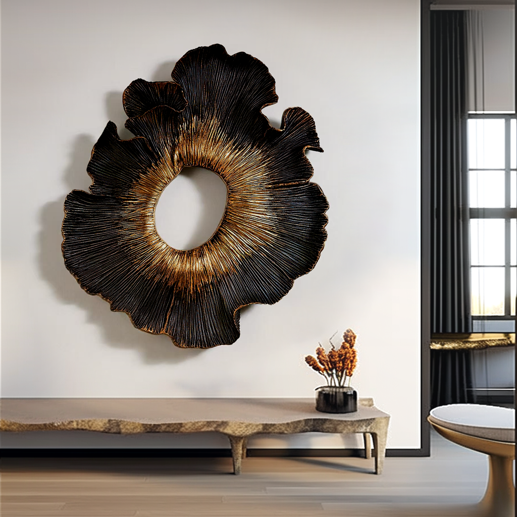 Black Gold Wood Wall Art, 3D Organic Wall Sculpture, Abstract Floral Wood Decor, Textured Sunburst Art, Luxury Statement Wall Decor