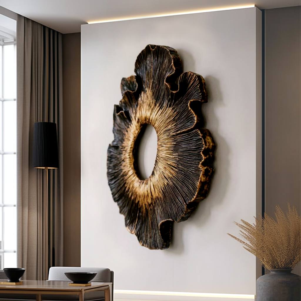 Black Gold Wood Wall Art, 3D Organic Wall Sculpture, Abstract Floral Wood Decor, Textured Sunburst Art, Luxury Statement Wall Decor