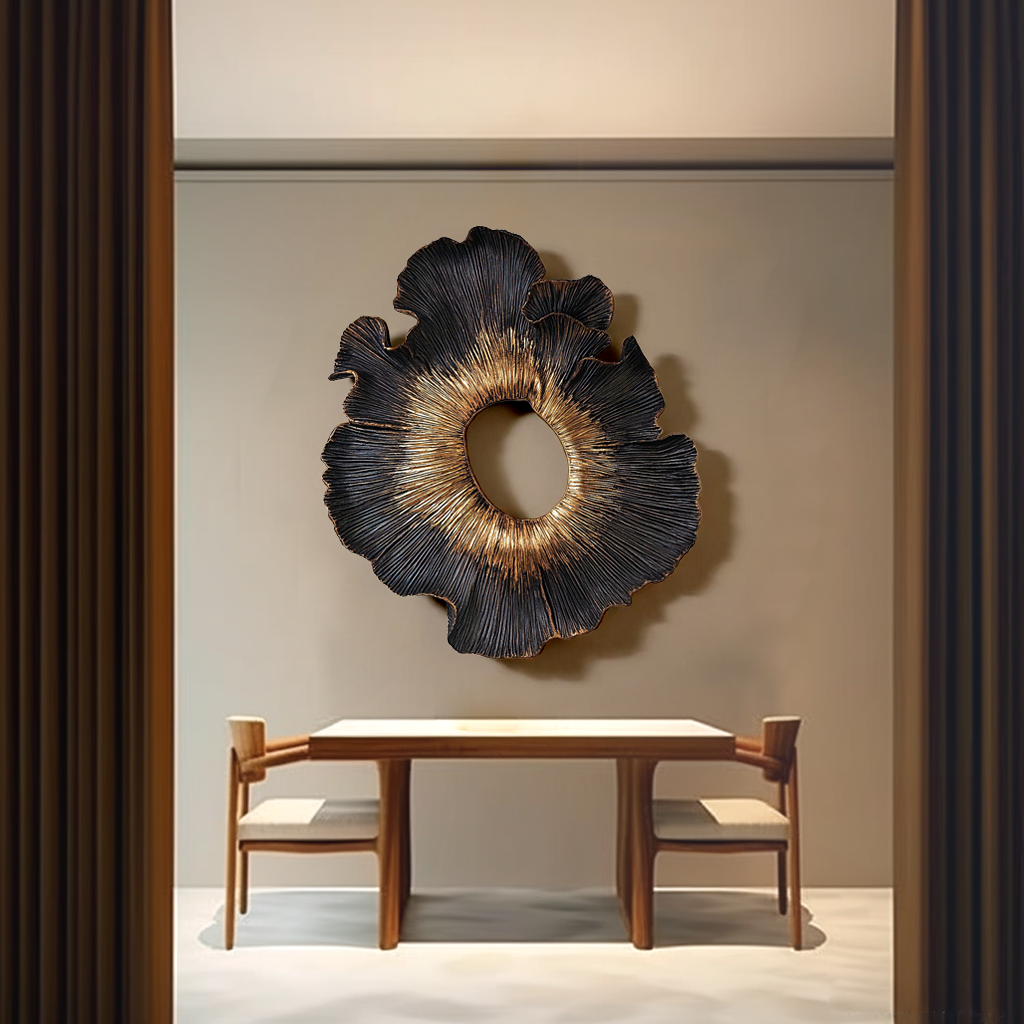 Black Gold Wood Wall Art, 3D Organic Wall Sculpture, Abstract Floral Wood Decor, Textured Sunburst Art, Luxury Statement Wall Decor