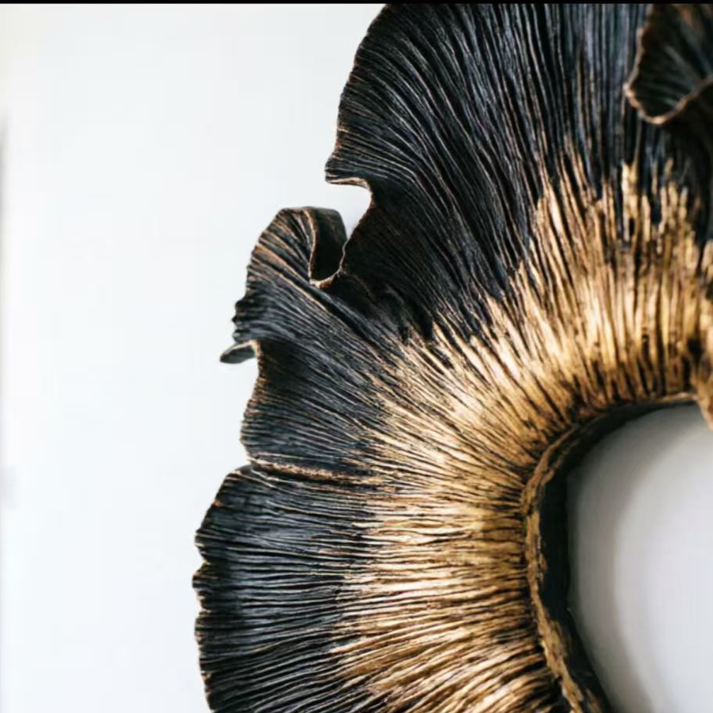 Black Gold Wood Wall Art, 3D Organic Wall Sculpture, Abstract Floral Wood Decor, Textured Sunburst Art, Luxury Statement Wall Decor