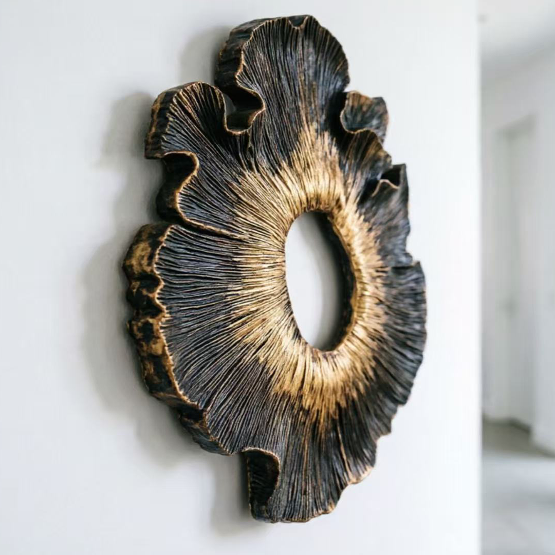 Black Gold Wood Wall Art, 3D Organic Wall Sculpture, Abstract Floral Wood Decor, Textured Sunburst Art, Luxury Statement Wall Decor