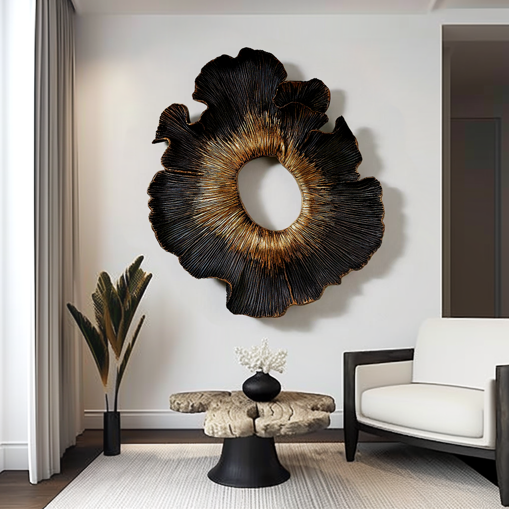 Black Gold Wood Wall Art, 3D Organic Wall Sculpture, Abstract Floral Wood Decor, Textured Sunburst Art, Luxury Statement Wall Decor
