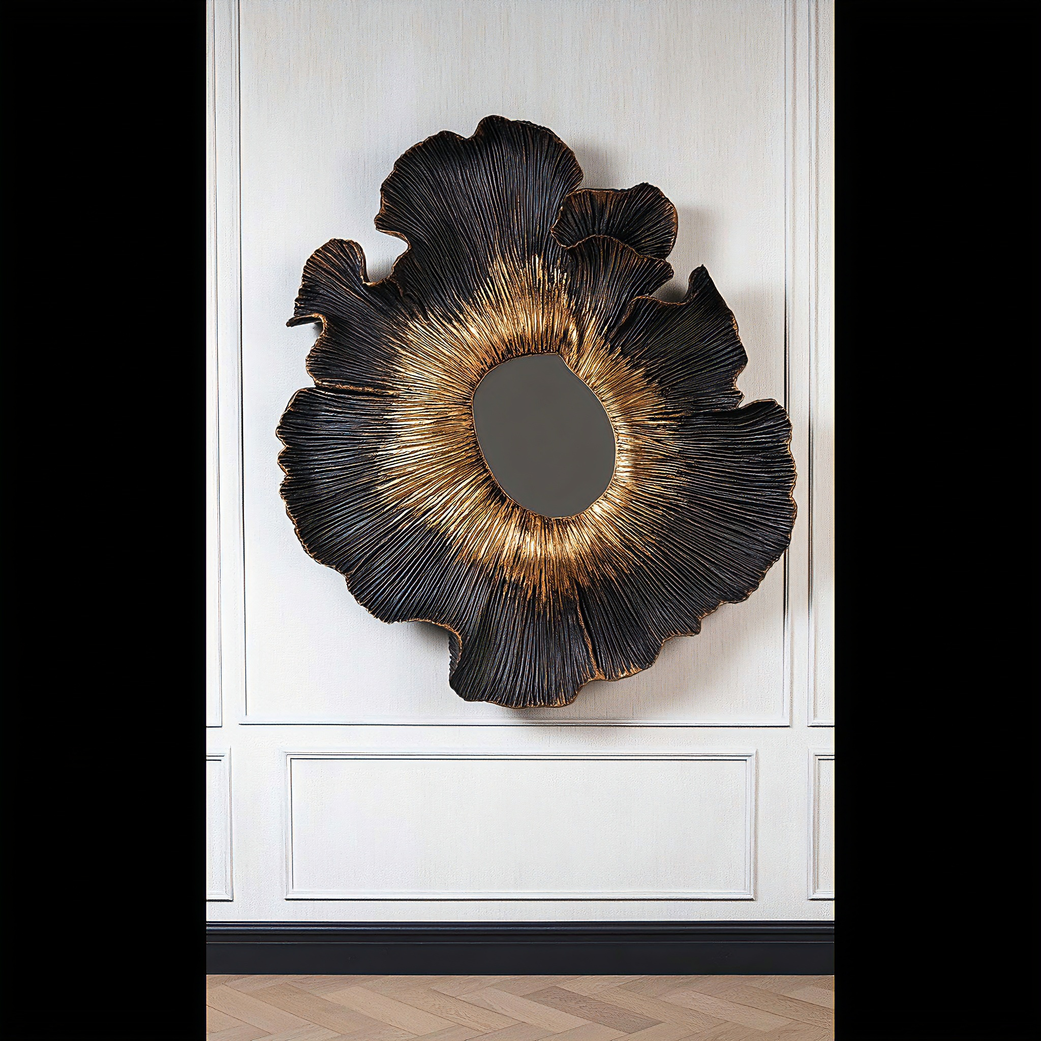 Black Gold Wood Wall Art, 3D Organic Wall Sculpture, Abstract Floral Wood Decor, Textured Sunburst Art, Luxury Statement Wall Decor