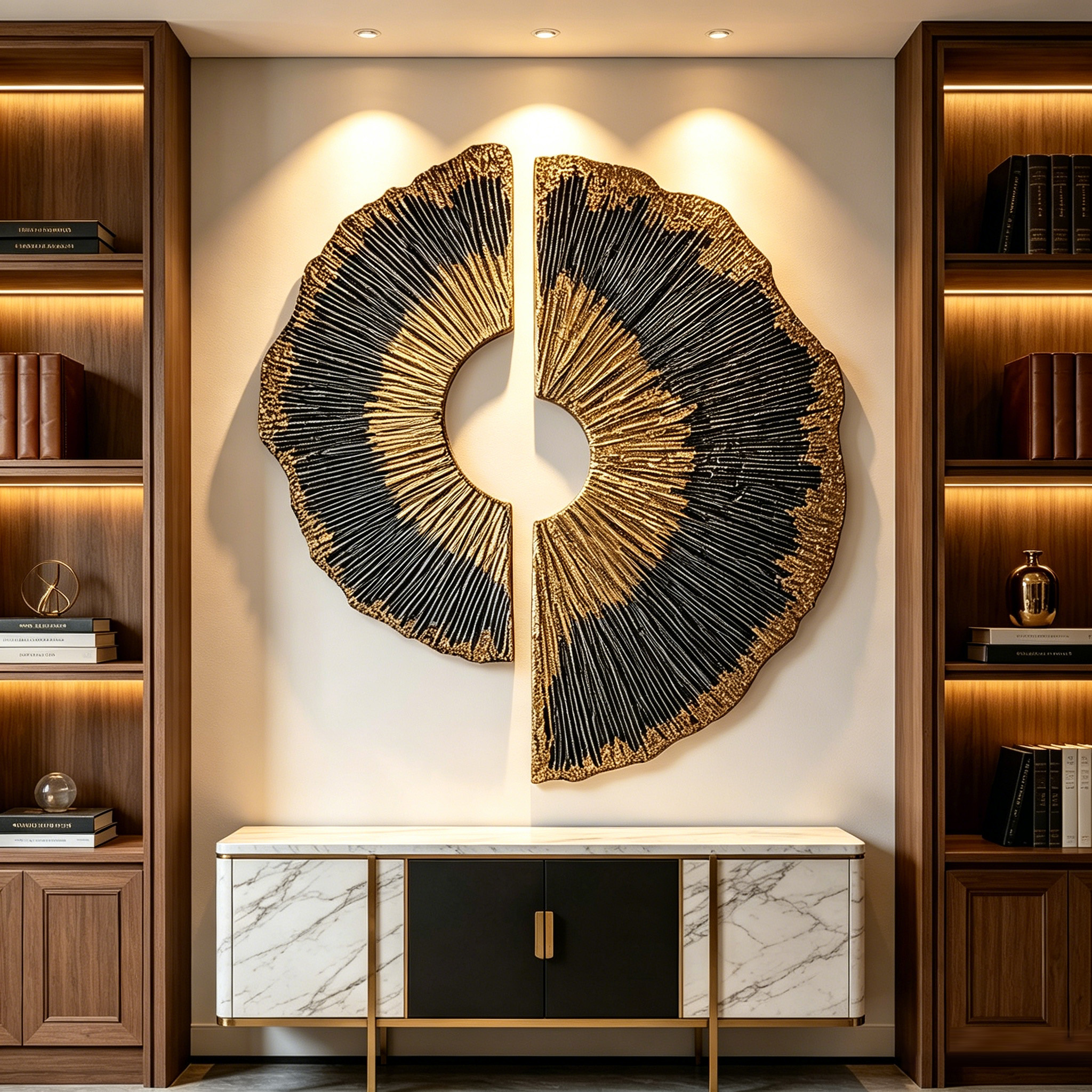 Large Wood Wall Art, 3D Gold Black Wood Sculpture, Abstract Round Wall Decor, Wabi Sabi Textured Artwork, Luxury Modern Wall Art