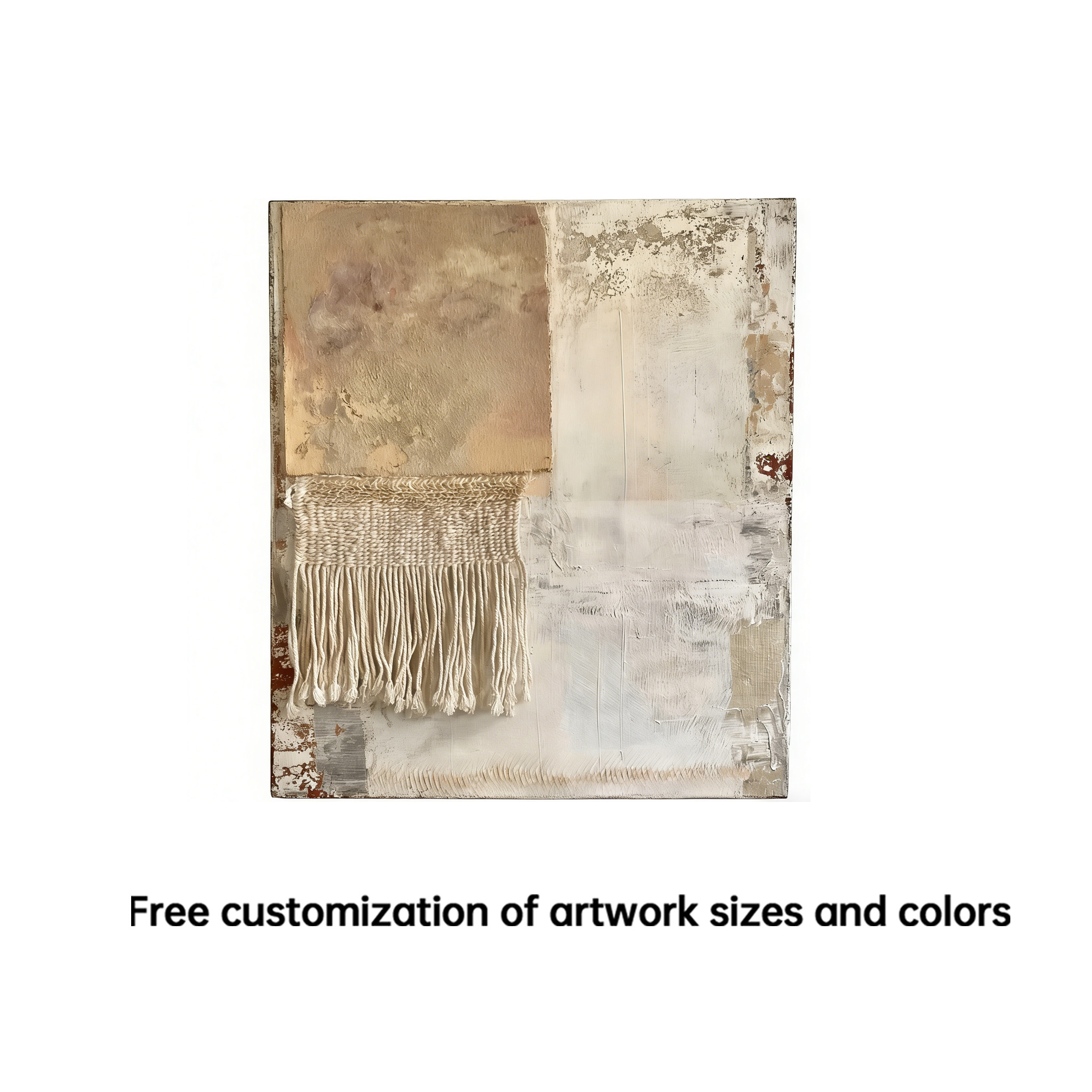 Neutral Textured Wall Art with Fiber Fringe, Handmade Mixed Media Canvas, Boho Minimalist Wall Decor Beige Abstract Art