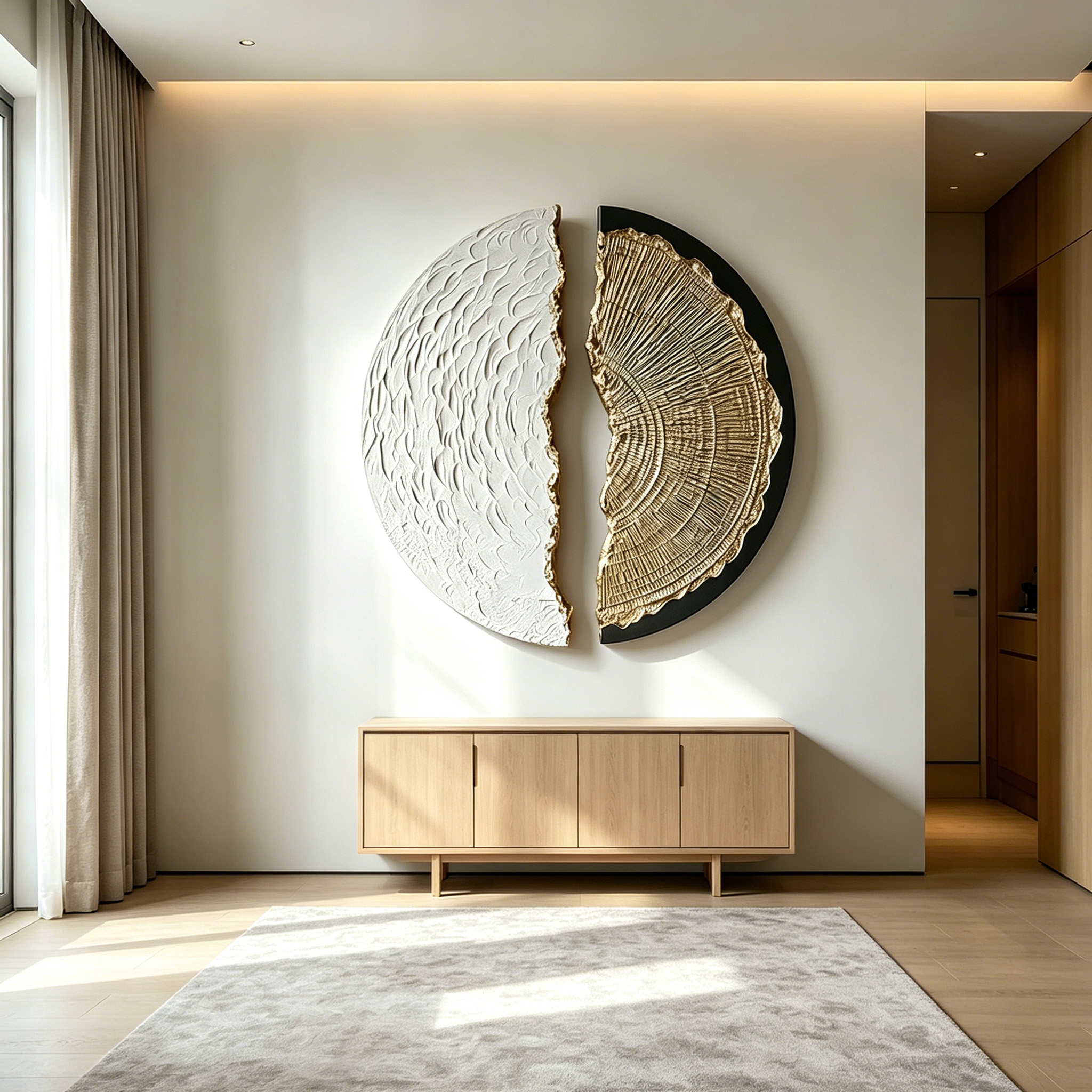 Abstract Wood Wall Art, 3D Half Moon Wood Sculpture, Wabi Sabi Wall Decor, Gold Black Textured Artwork, Modern Luxury Wall Art