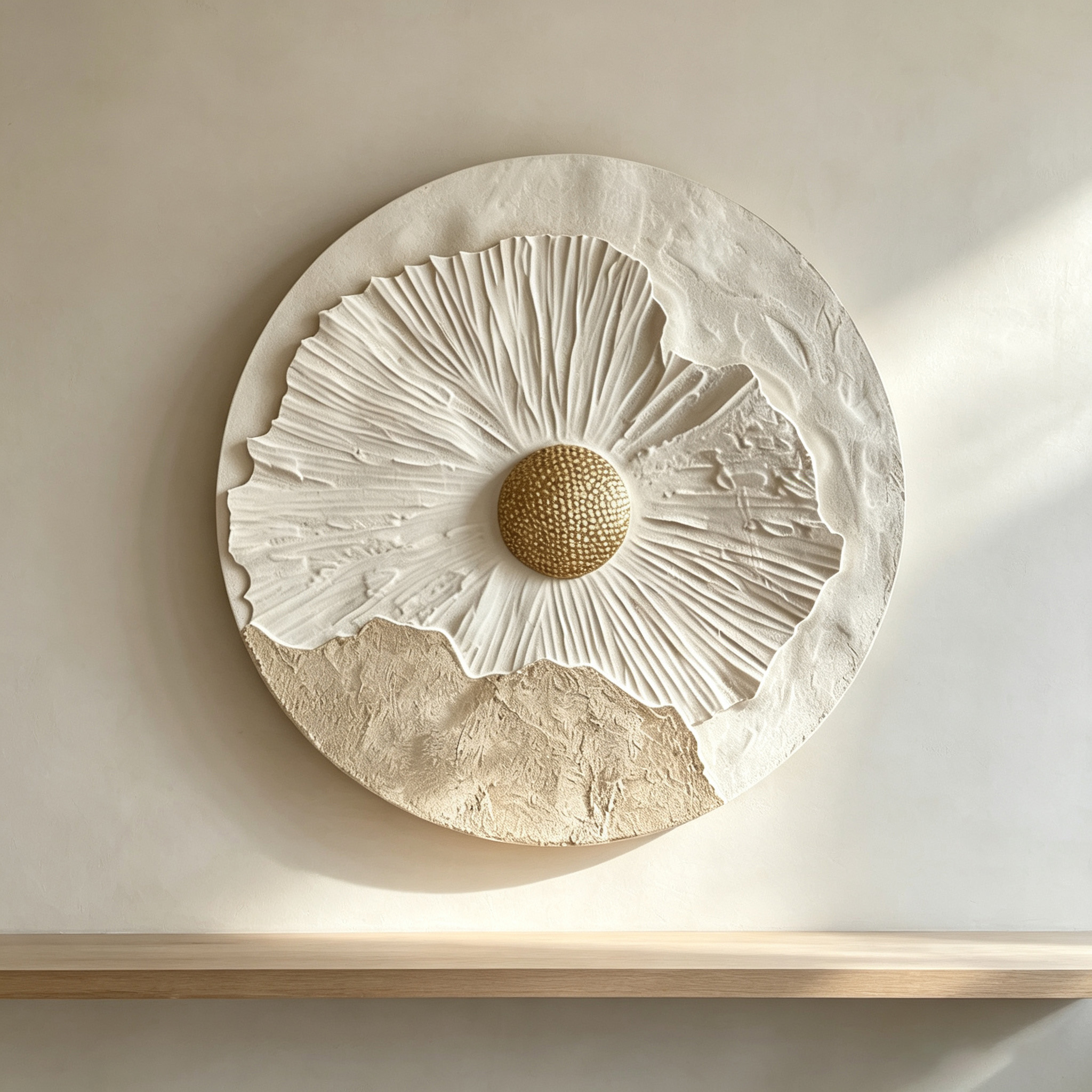 3D Floral Wood Wall Art, Round Botanical Relief Sculpture, Wabi Sabi Wall Decor, Neutral Textured Art, Gold Flower Wall Decor