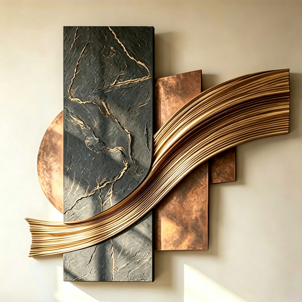 3D Wood Wall Art, Abstract Geometric Wall Sculpture, Gold Wave Wood Decor, Organic Modern Luxury Statement Wall Art