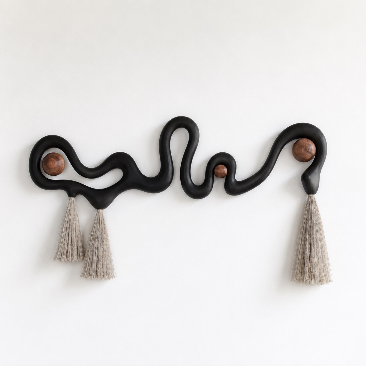 Abstract Wood Wall Art, Black Organic Modern Sculptural Decor with Tassels