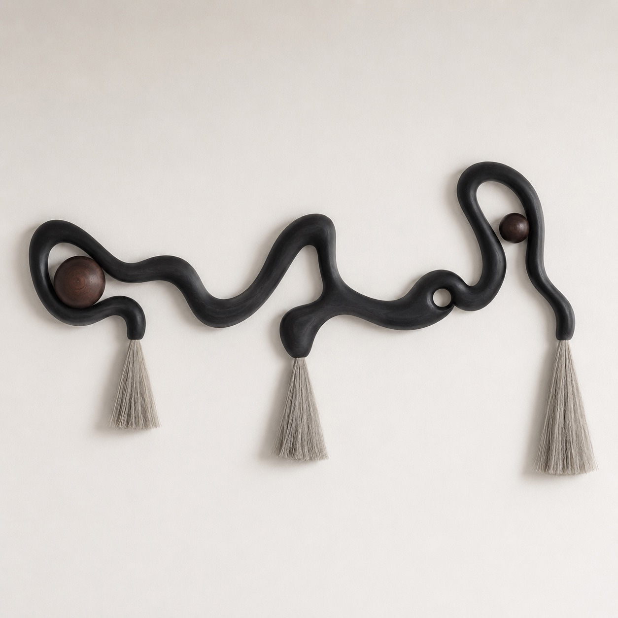 Sculptural Organic Wall Hanging | Dark Wood Wavy Art with Macrame Tassels & Beads | Abstract Boho Wall Decor | Modern Entryway Accent
