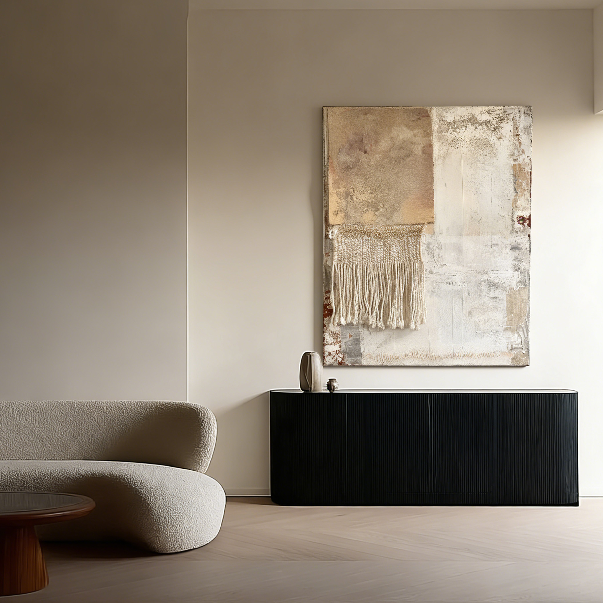 Neutral Textured Wall Art with Fiber Fringe, Handmade Mixed Media Canvas, Boho Minimalist Wall Decor Beige Abstract Art