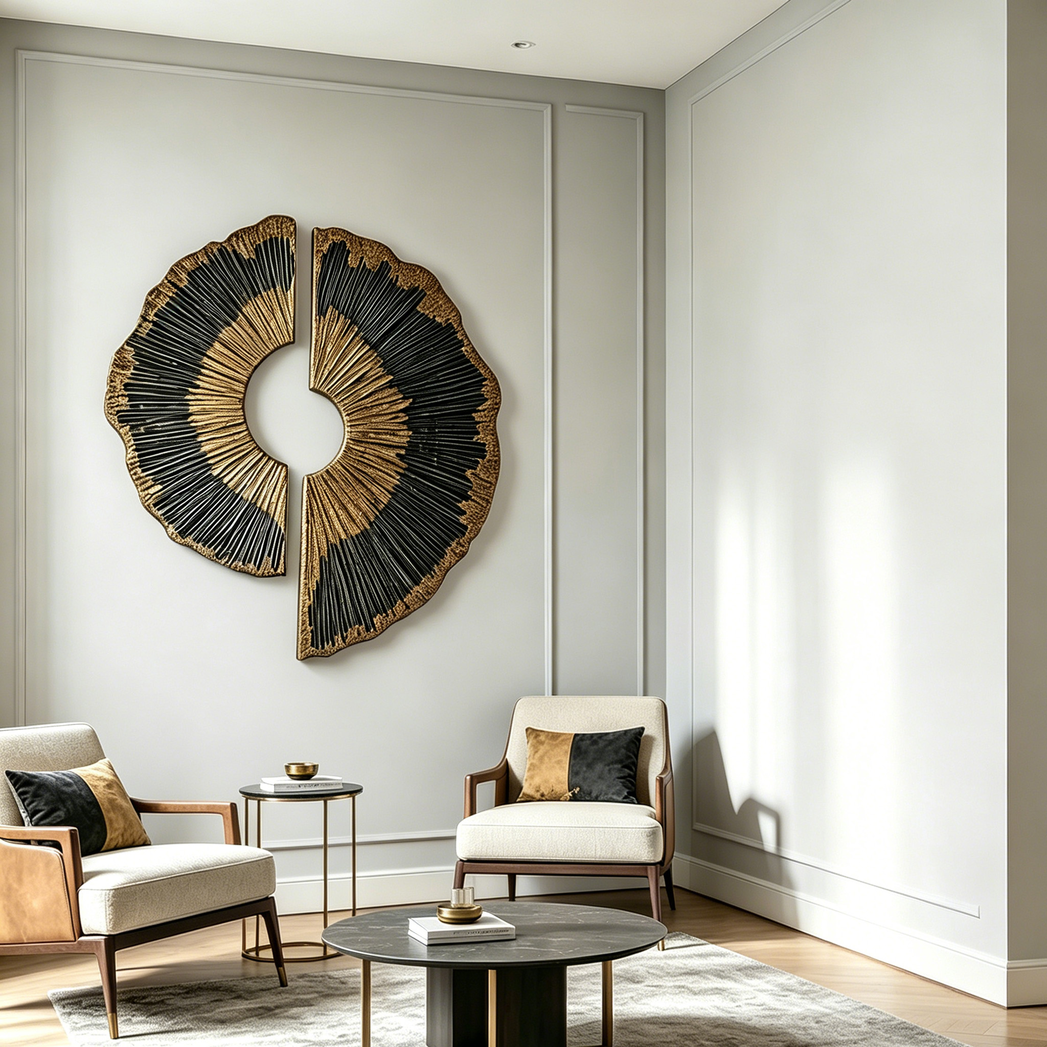 Large Wood Wall Art, 3D Gold Black Wood Sculpture, Abstract Round Wall Decor, Wabi Sabi Textured Artwork, Luxury Modern Wall Art