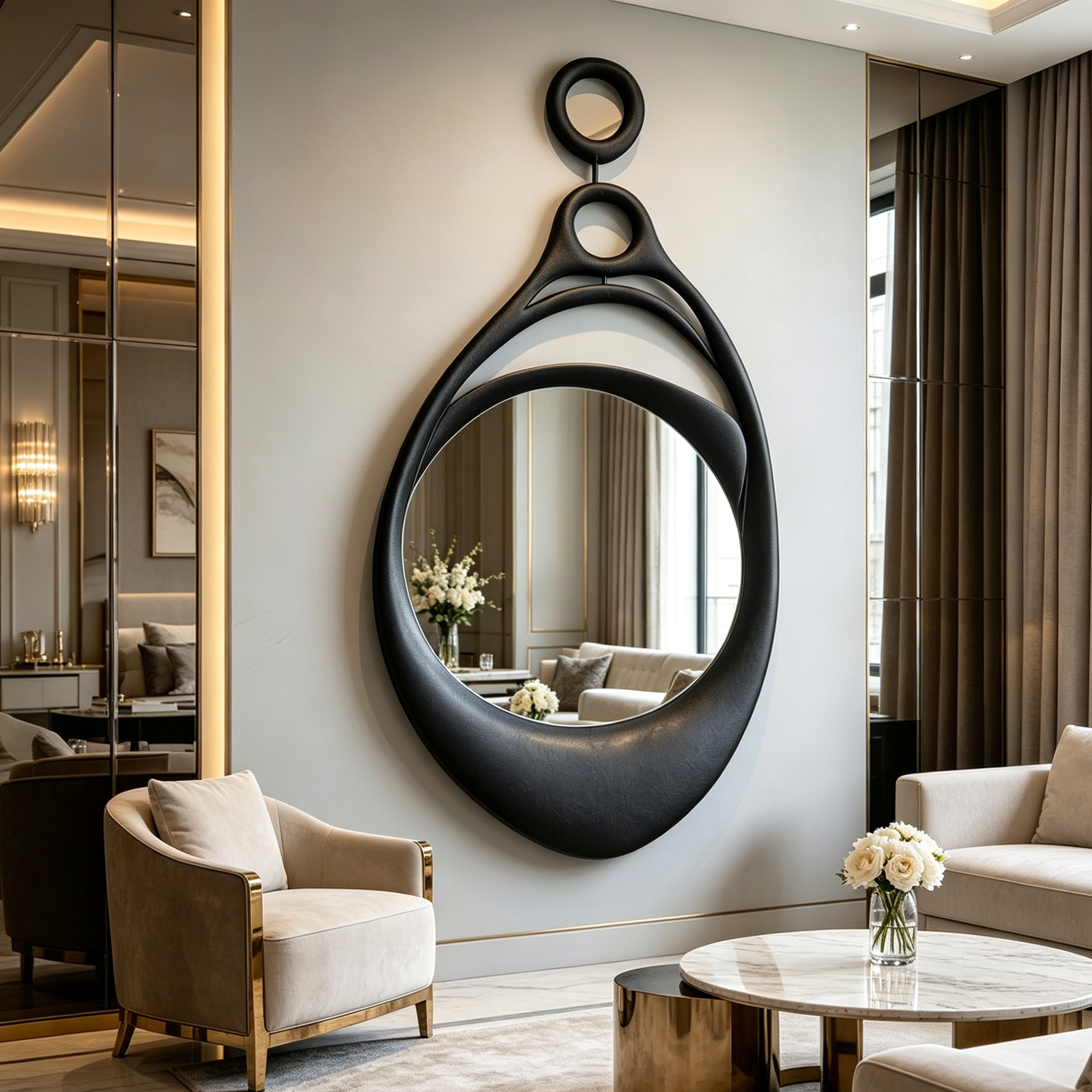Organic Modern Wall Mirror, Abstract Wood Sculpture Mirror, Large Black Decorative Mirror, Contemporary Statement Wall Art, Entryway Decor