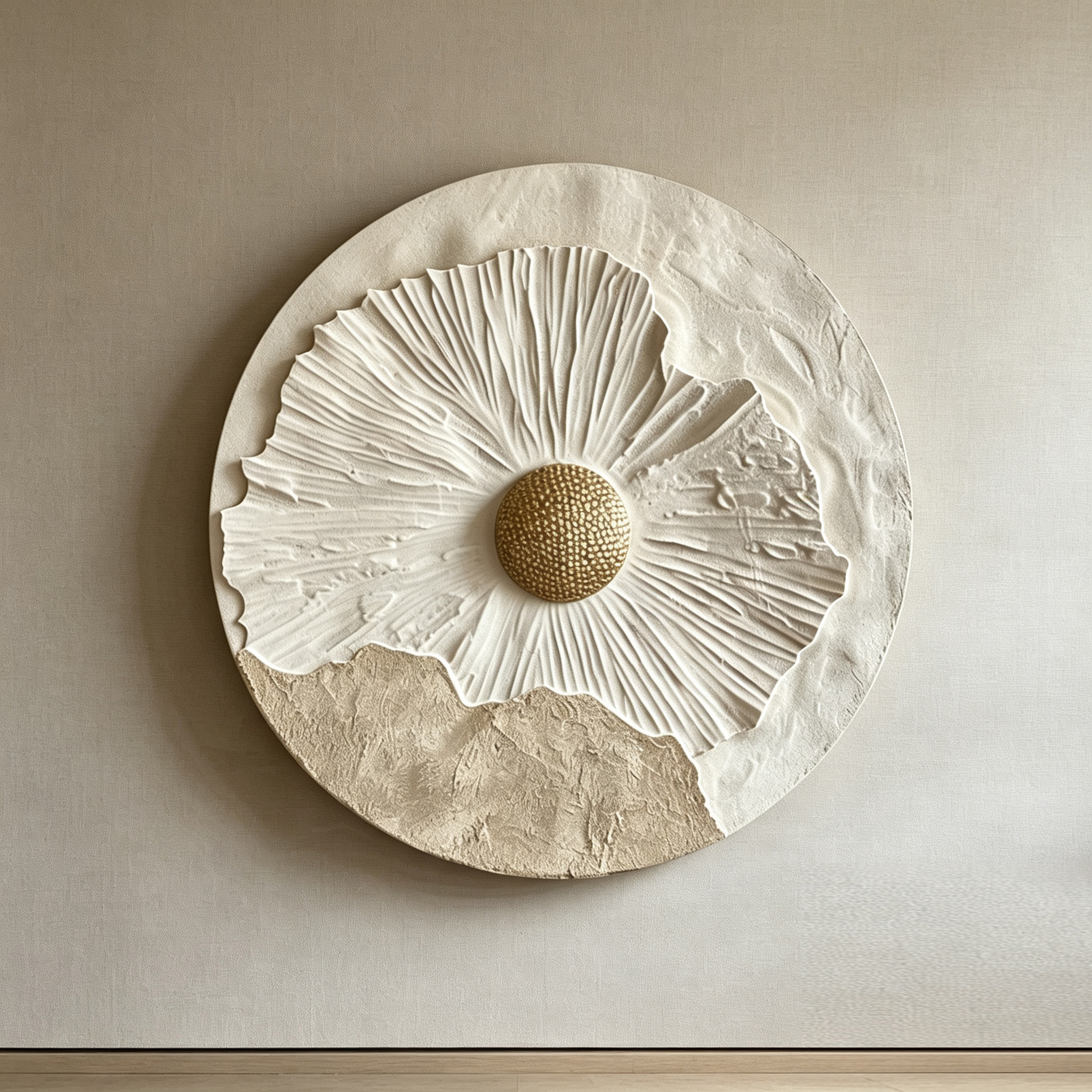 3D Floral Wood Wall Art, Round Botanical Relief Sculpture, Wabi Sabi Wall Decor, Neutral Textured Art, Gold Flower Wall Decor