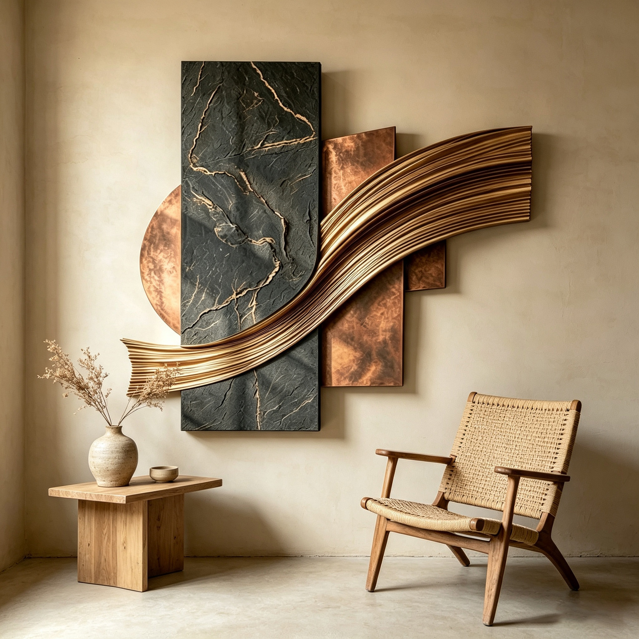 3D Wood Wall Art, Abstract Geometric Wall Sculpture, Gold Wave Wood Decor, Organic Modern Luxury Statement Wall Art