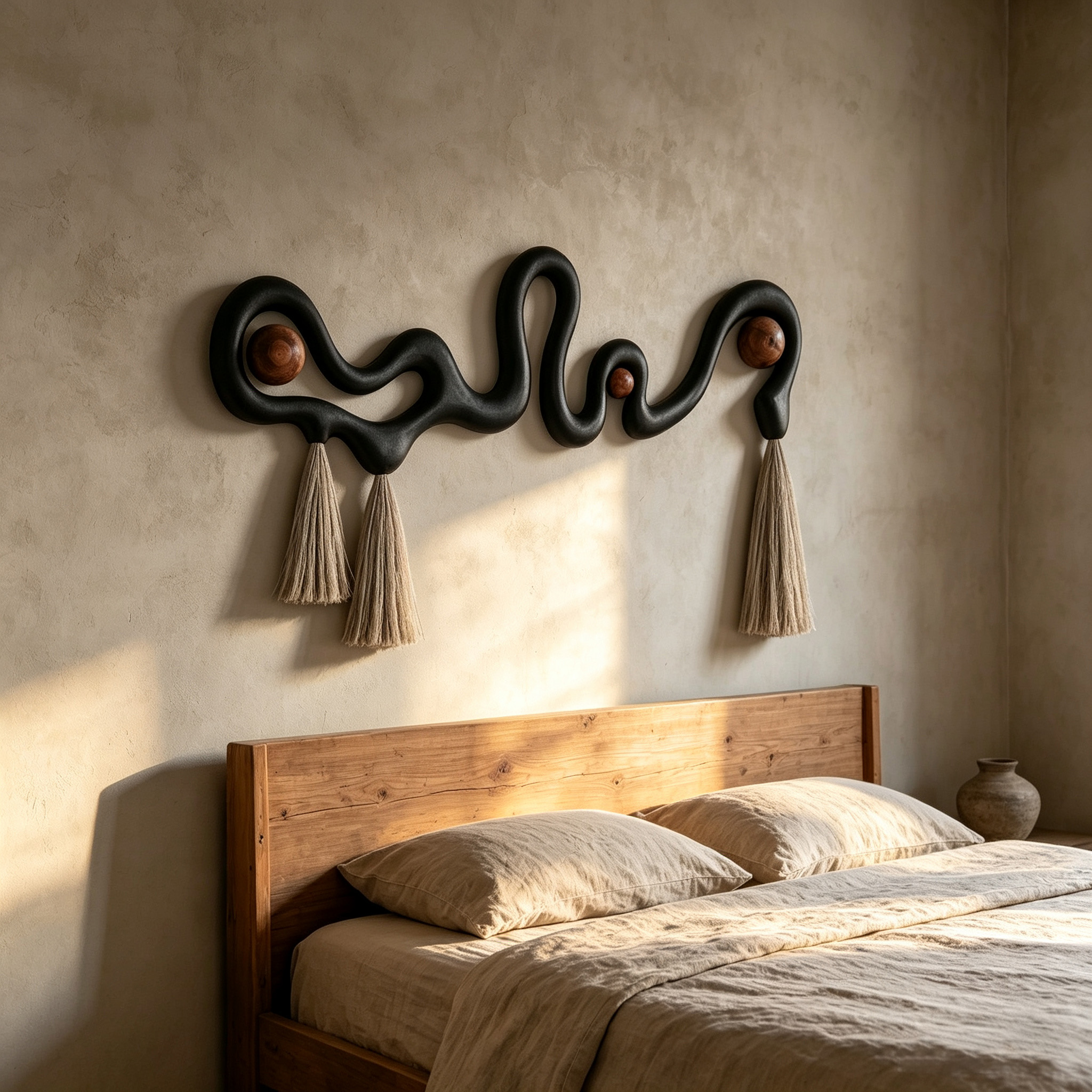 Abstract Wood Wall Art, Black Organic Modern Sculptural Decor with Tassels